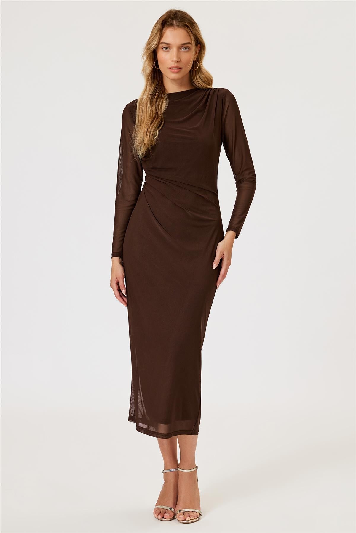 Long Sleeves Mesh Midi Dress In Brown