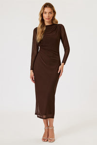 Long Sleeves Mesh Midi Dress In Brown