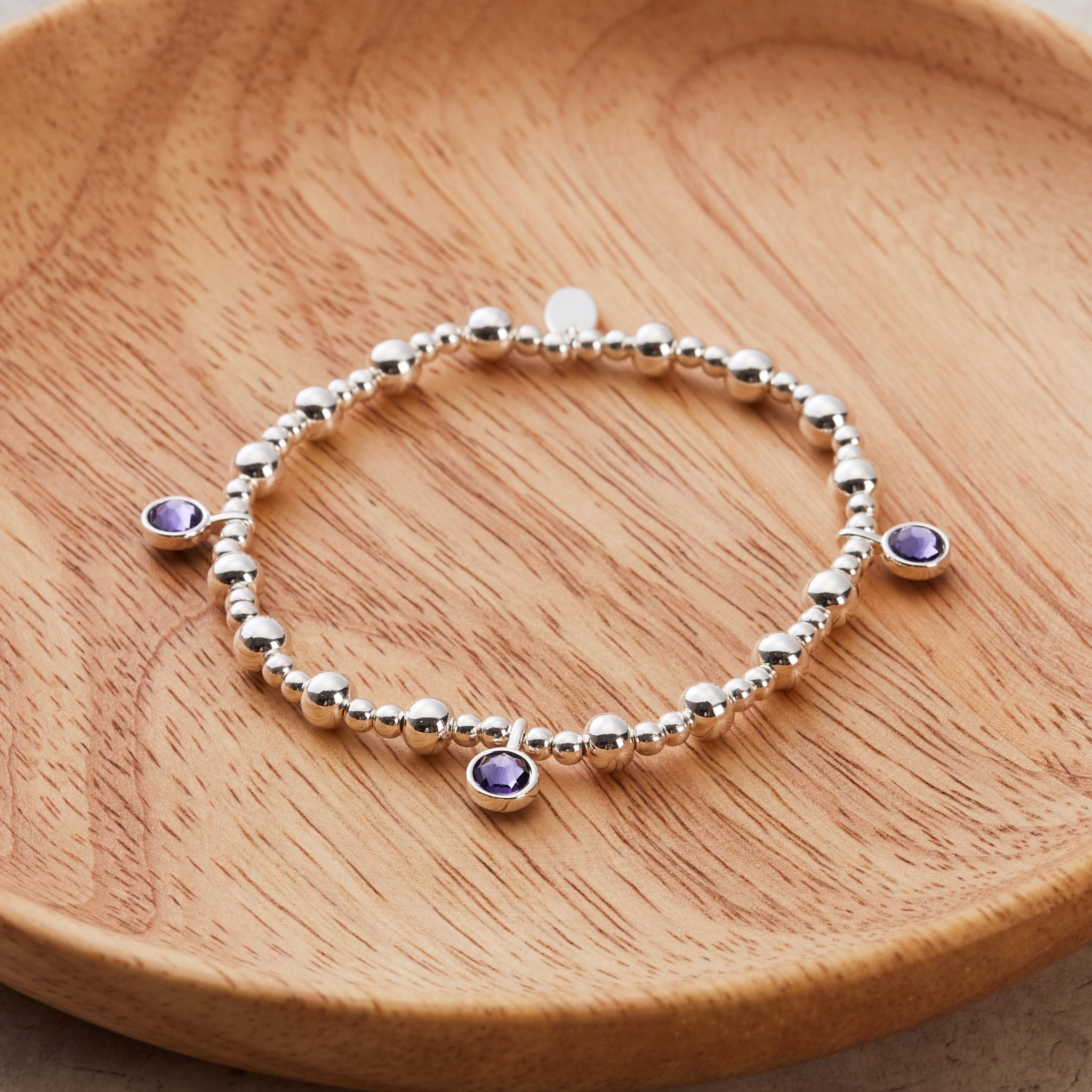 February (Amethyst) Birthstone Stretch Charm Bracelet with Quote Gift Box