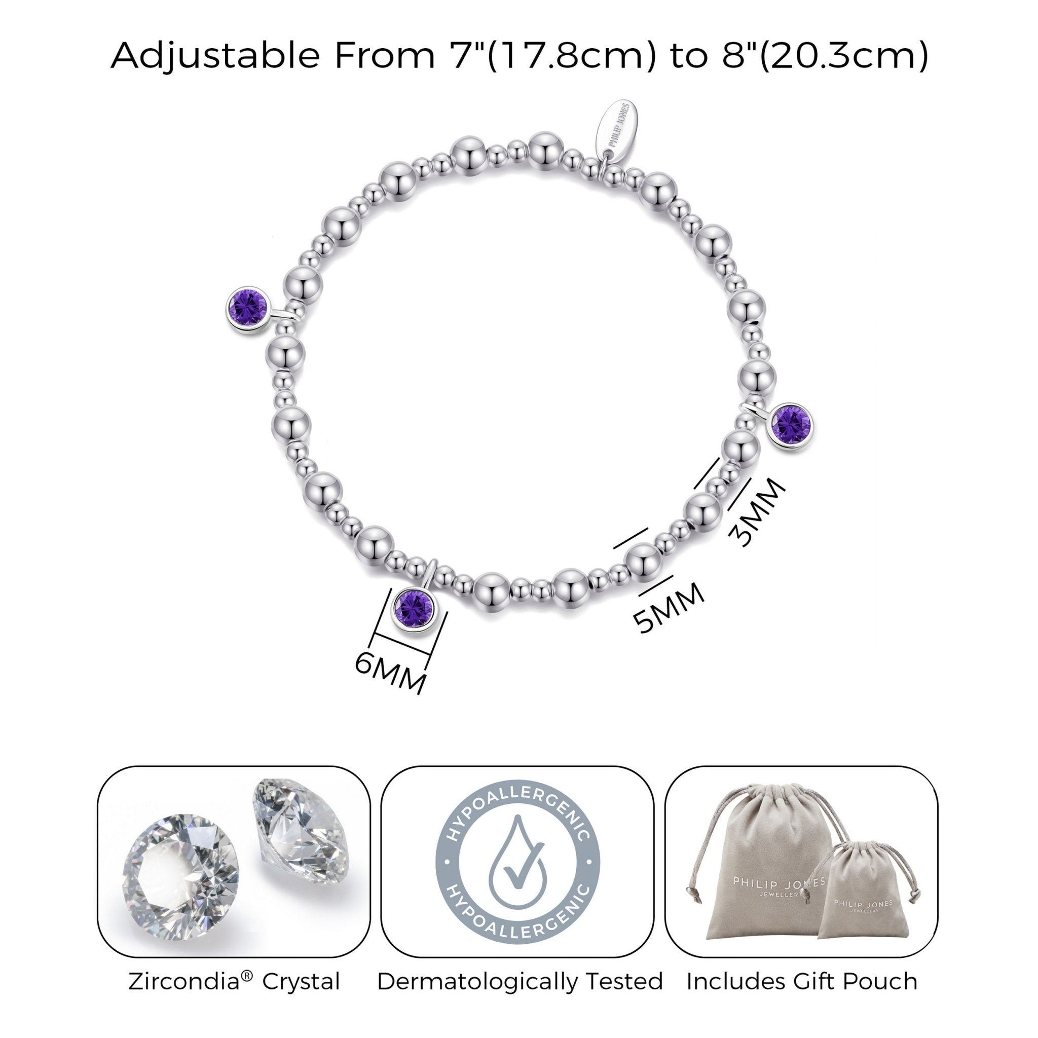 February (Amethyst) Birthstone Stretch Charm Bracelet with Quote Gift Box