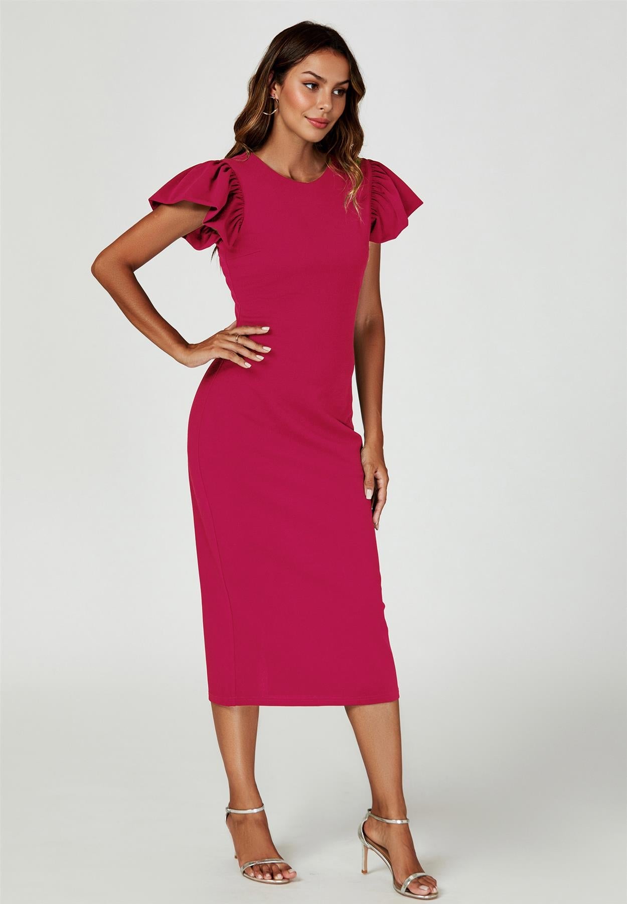 Volume Sleeve Bodycon Midi Dress In Fuchsia