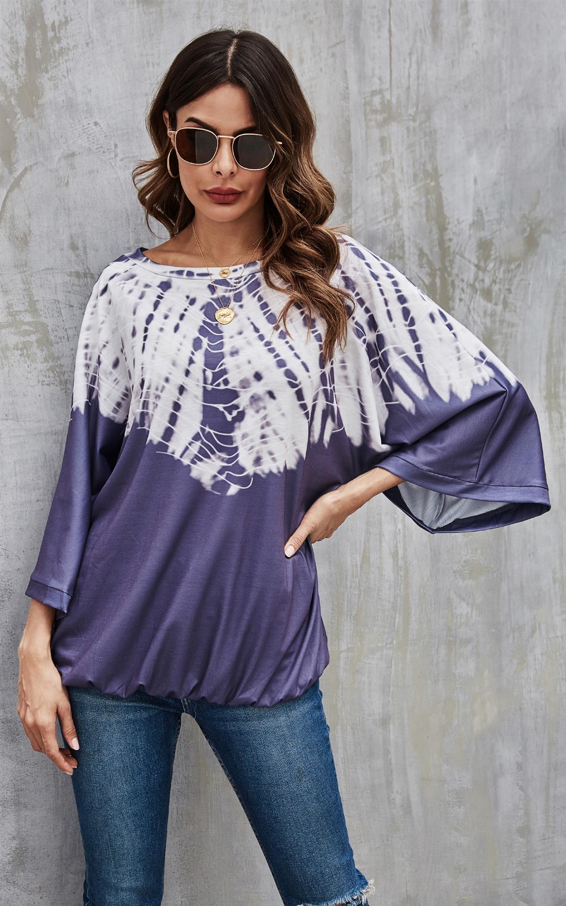 White & Blue Pastel Tie Dye Print Top