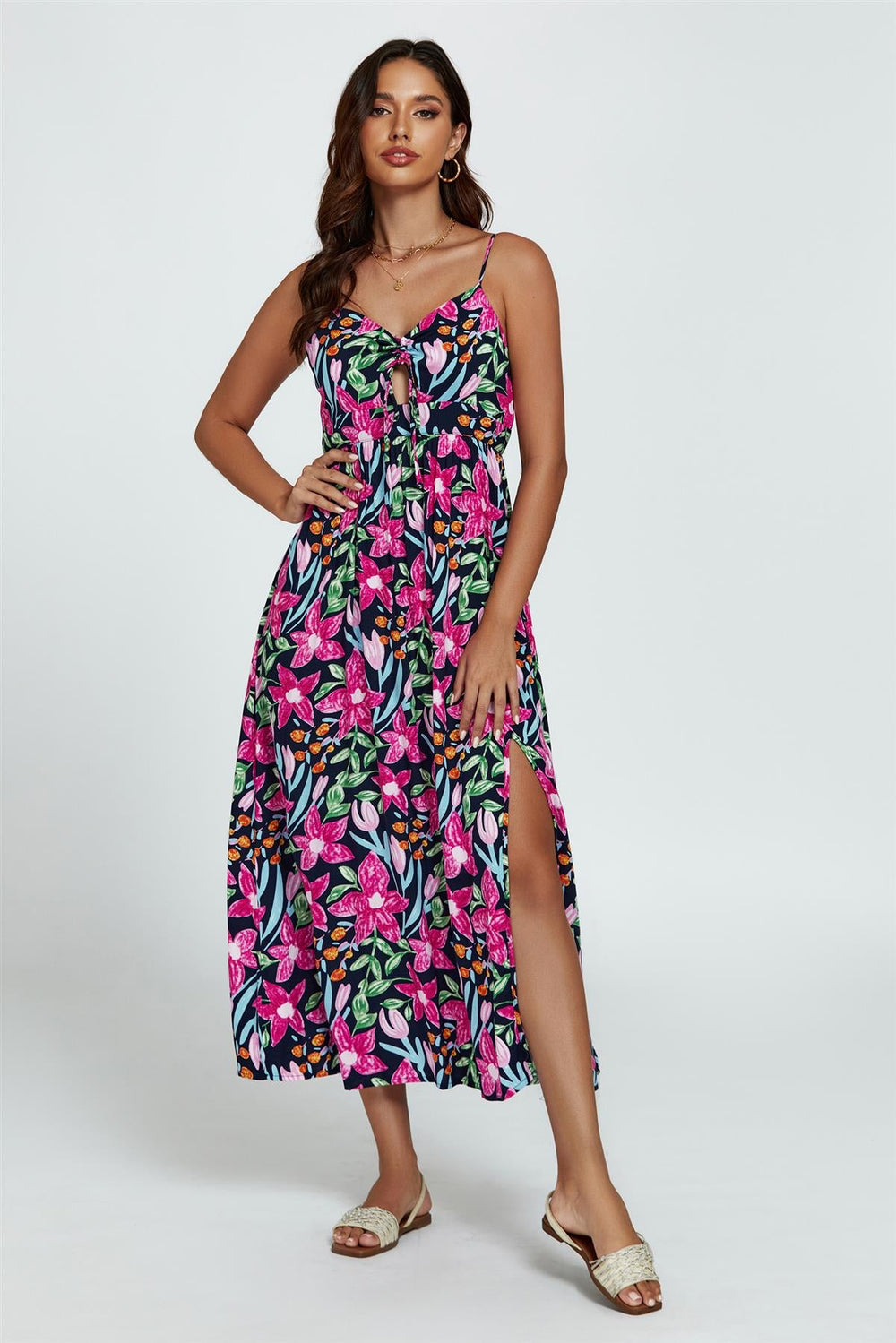 Floral Print Tie Front Maxi Dress In Black