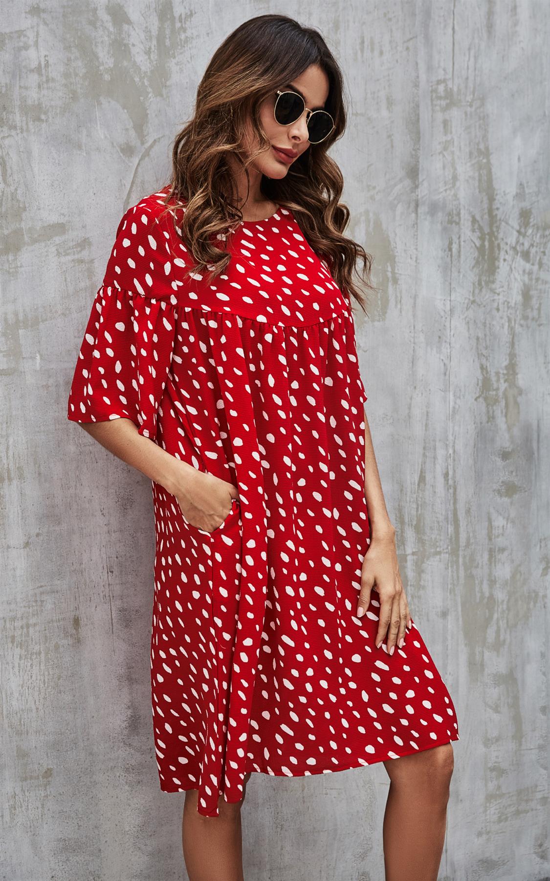 White Dot Short Sleeve Smock Dress In Red
