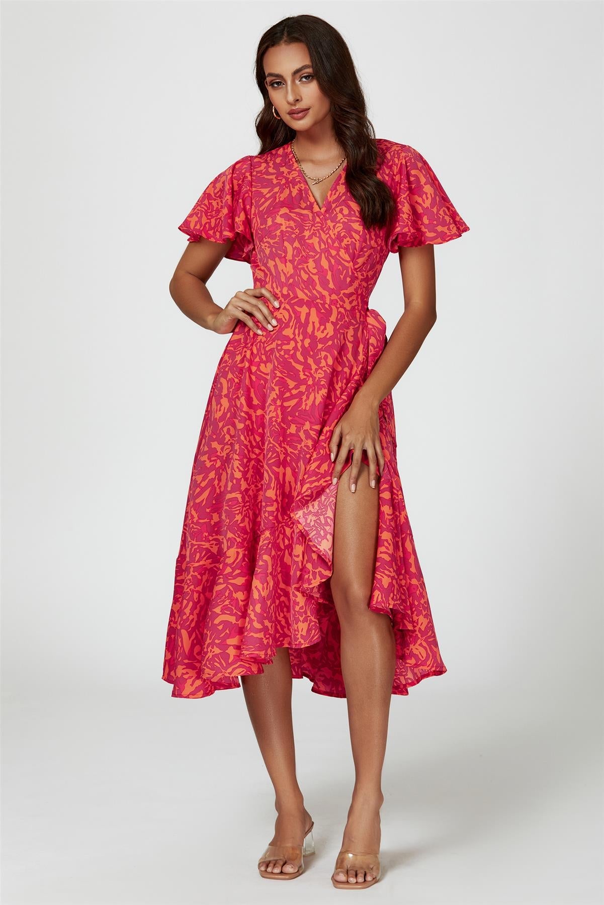 Abstract Print Midi Wrap Dress In Fuchsia