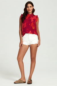 Abstract Print Frill Trim Sleeve Frill Neck Blouse Top In Red