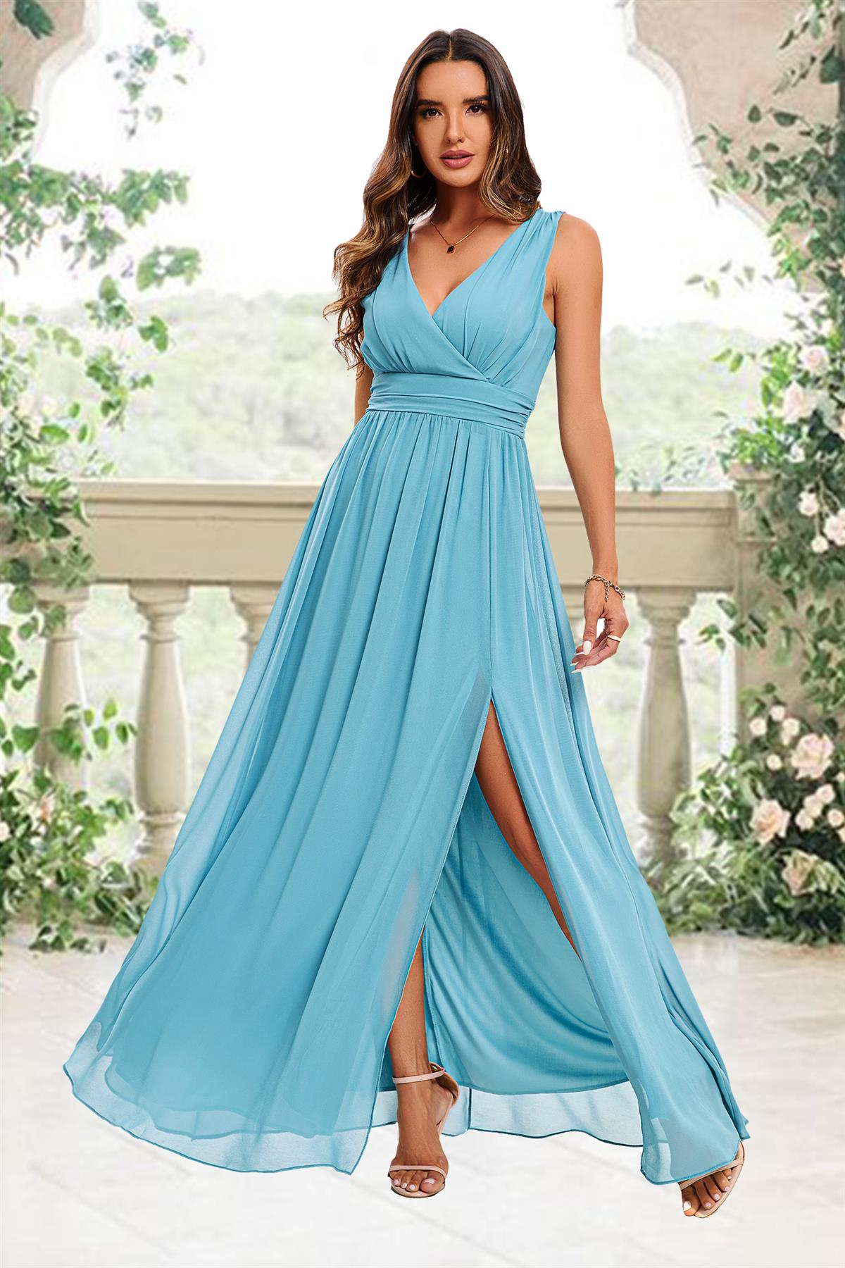 V Neck Bridesmaid Maxi Dress In Light Blue