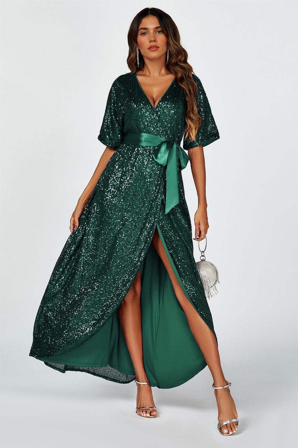 Wrap Style Sequin Maxi Dress In Green