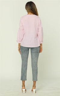 Strip Print V Neck Lace Trim Sleeve Top In Pink