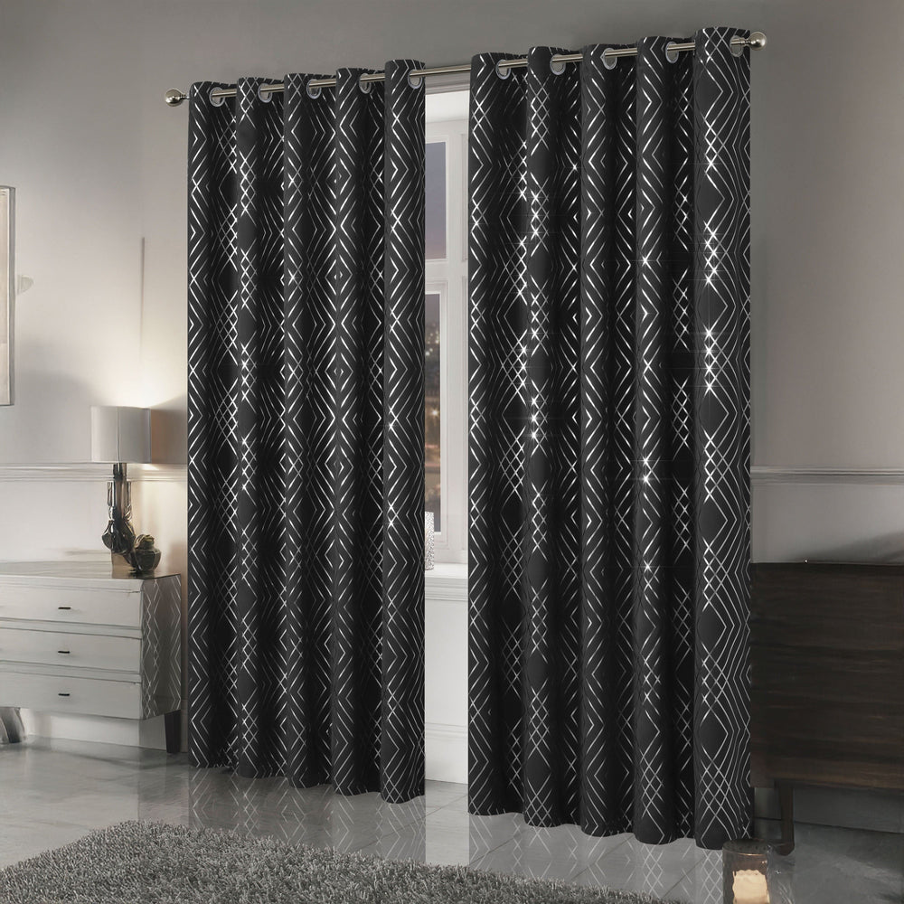 Geometric Black Sparkle Blackout Curtains Soft Thermal Insulated Eyelet Ring Top Living Room & Bedroom Drapes by OLIVIA ROCCO
