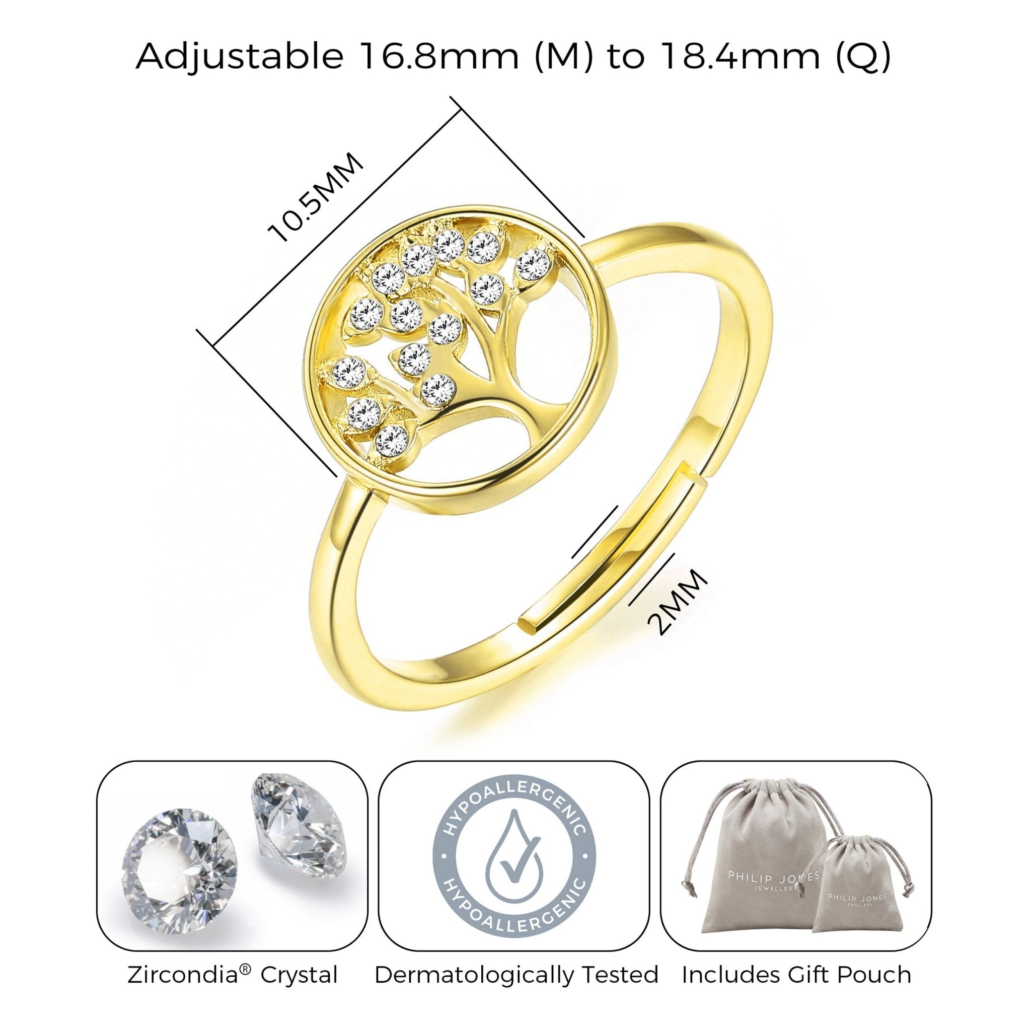 Gold Plated Adjustable Tree of Life Ring Created with Zircondia® Crystals