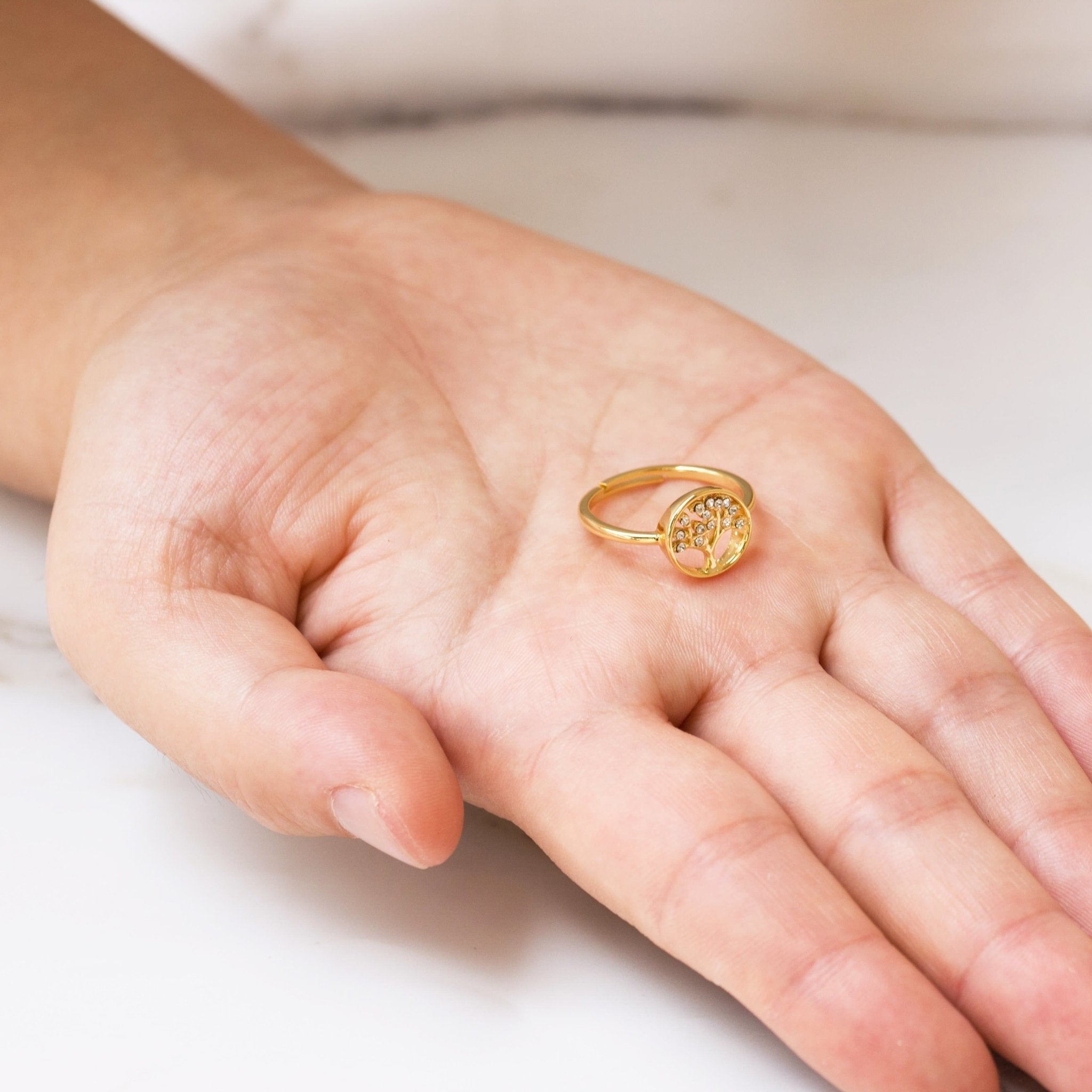 Gold Plated Adjustable Tree of Life Ring Created with Zircondia® Crystals