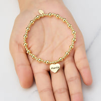 Gold Plated Auntie Heart Charm Beaded Stretch Bracelet