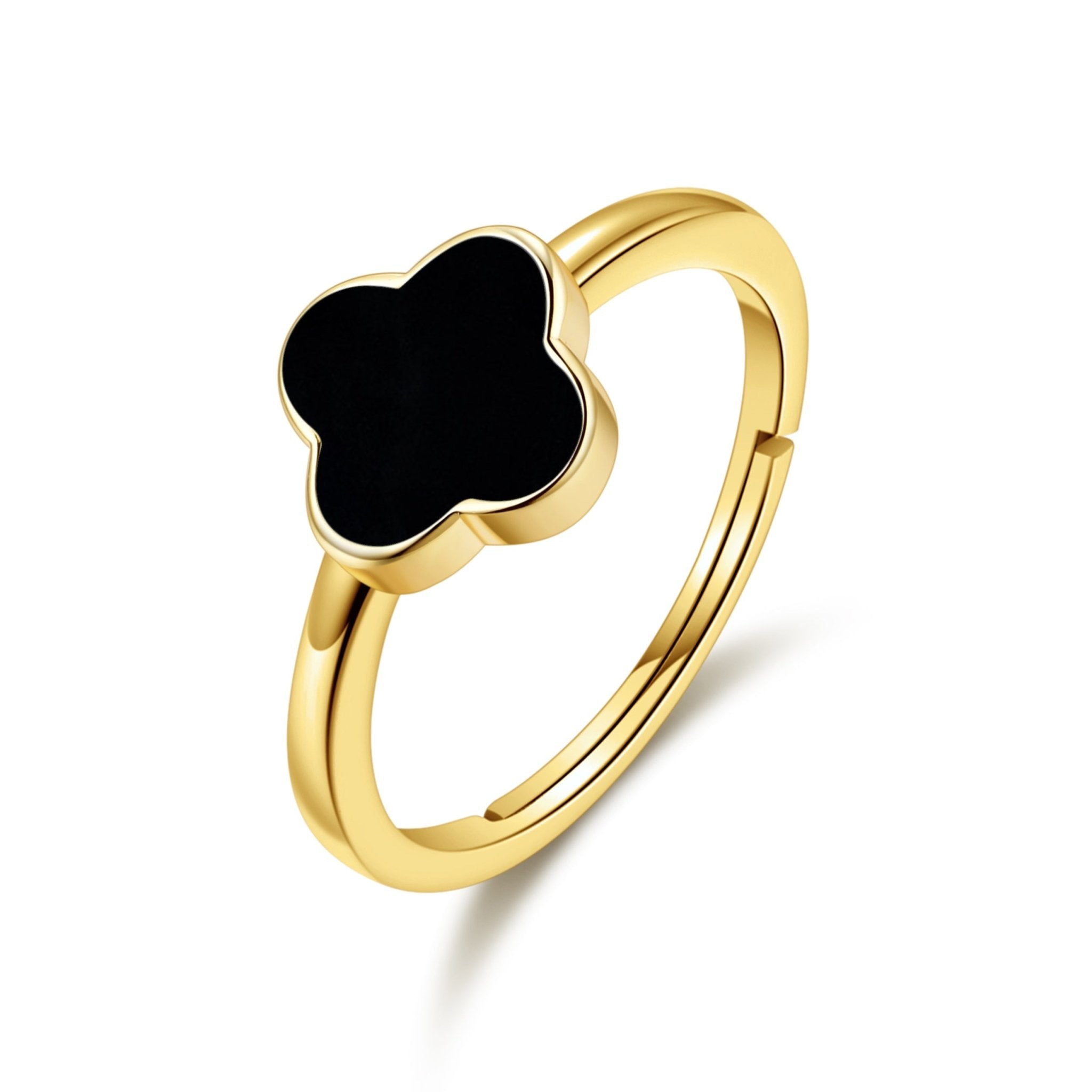 Gold Plated Black Onyx Gemstone Adjustable Clover Ring