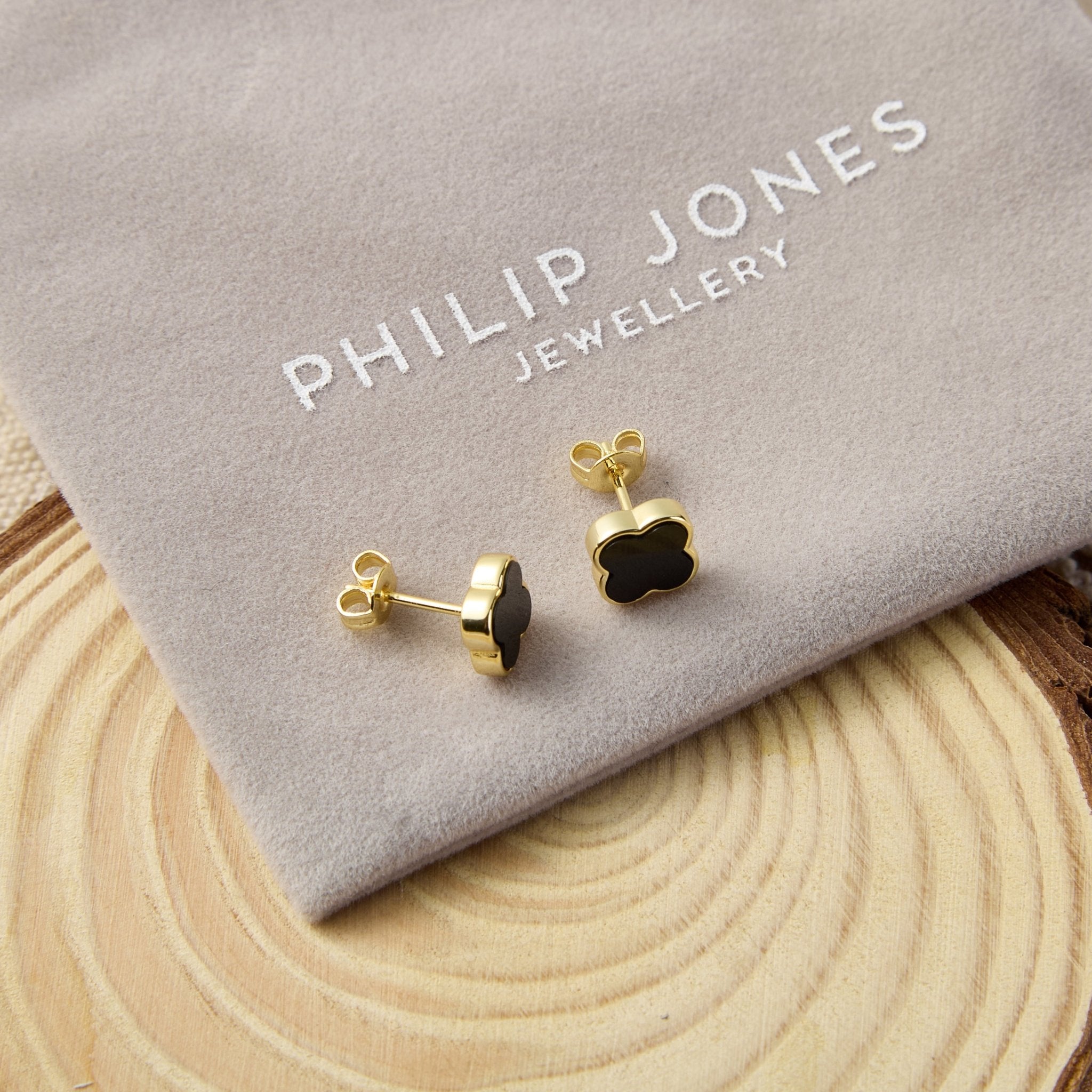 Gold Plated Black Onyx Gemstone Clover Earrings