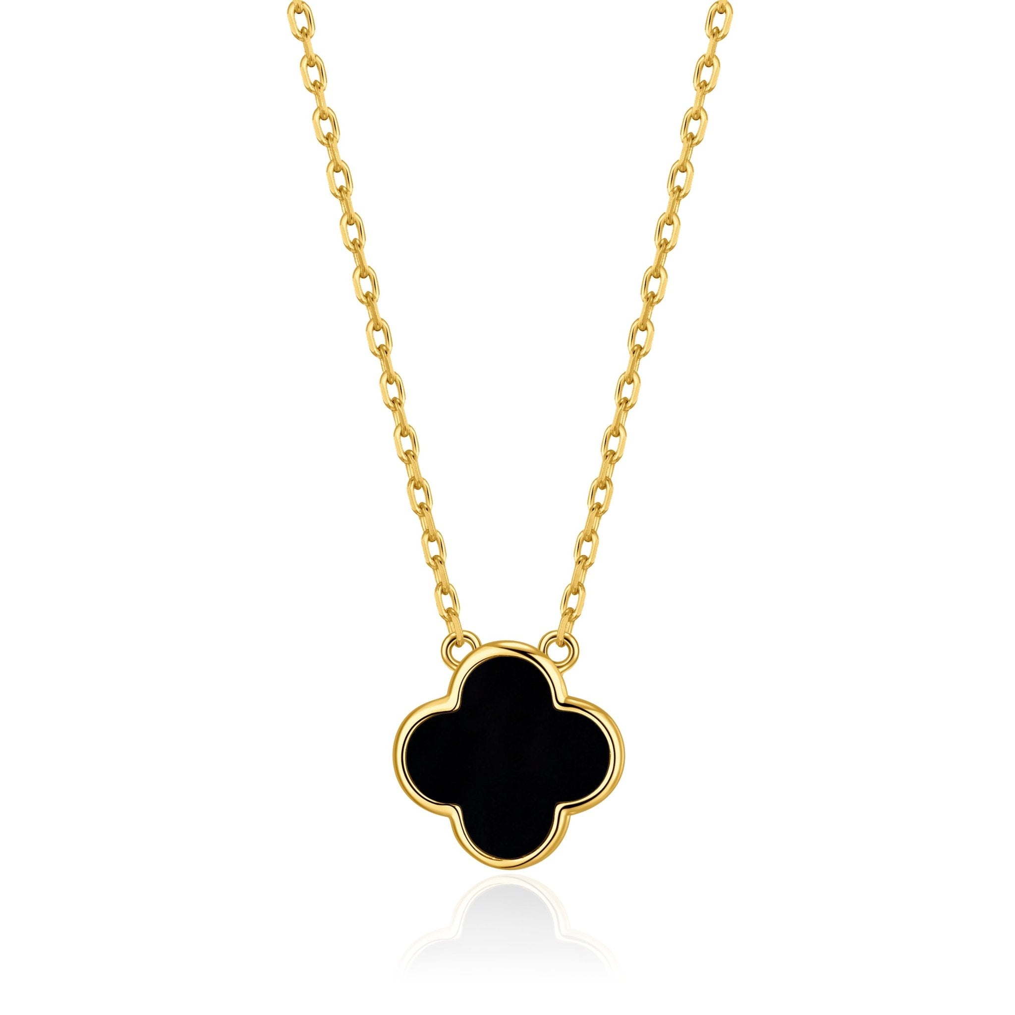 Gold Plated Black Onyx Gemstone Clover Necklace