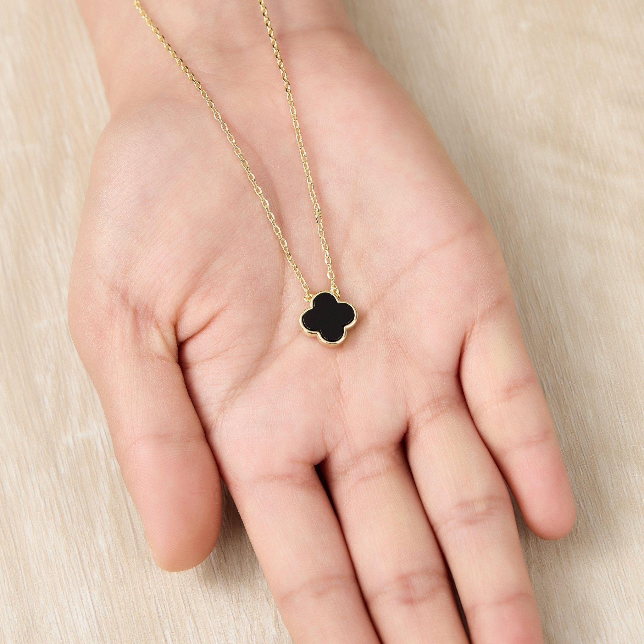 Gold Plated Black Onyx Gemstone Clover Necklace