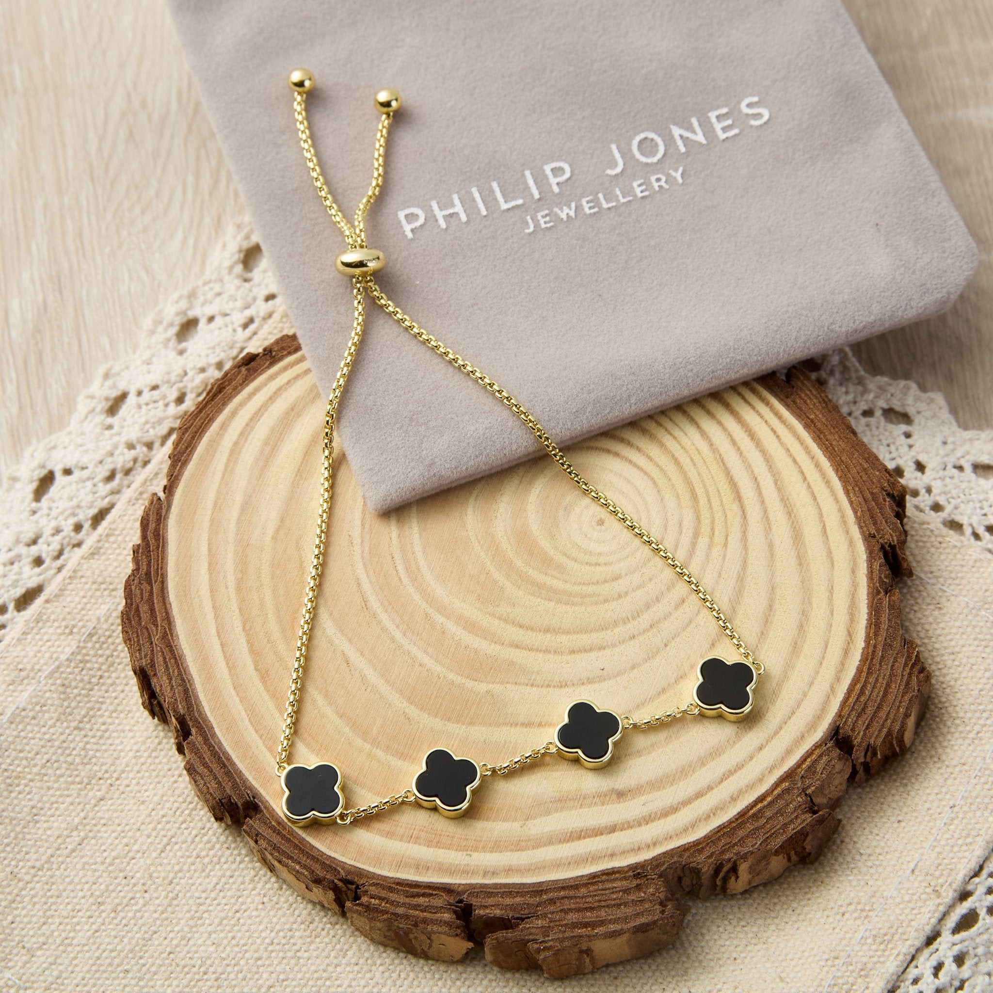 Gold Plated Black Onyx Multi Clover Friendship Bracelet