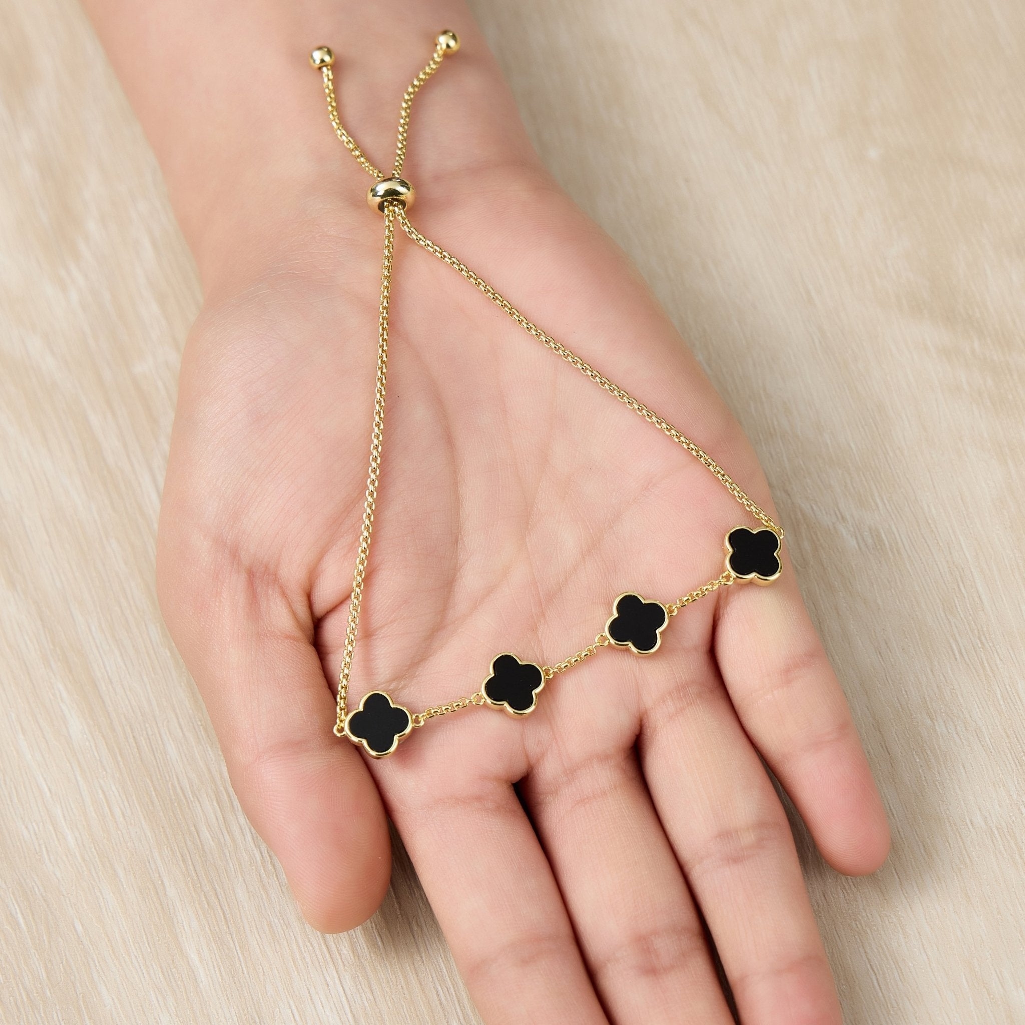 Gold Plated Black Onyx Multi Clover Friendship Bracelet