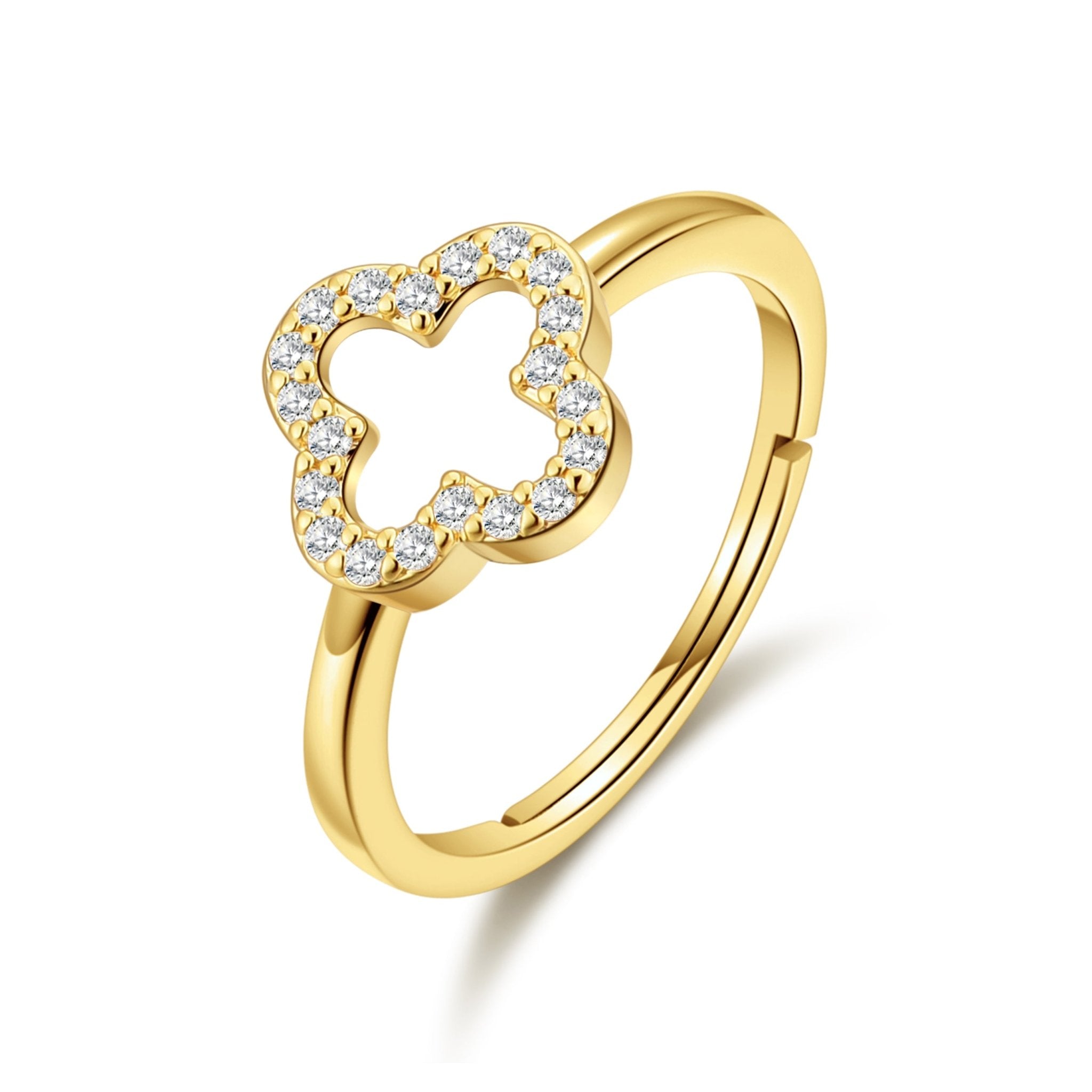 Gold Plated Clover Ring Created with Zircondia® Crystals