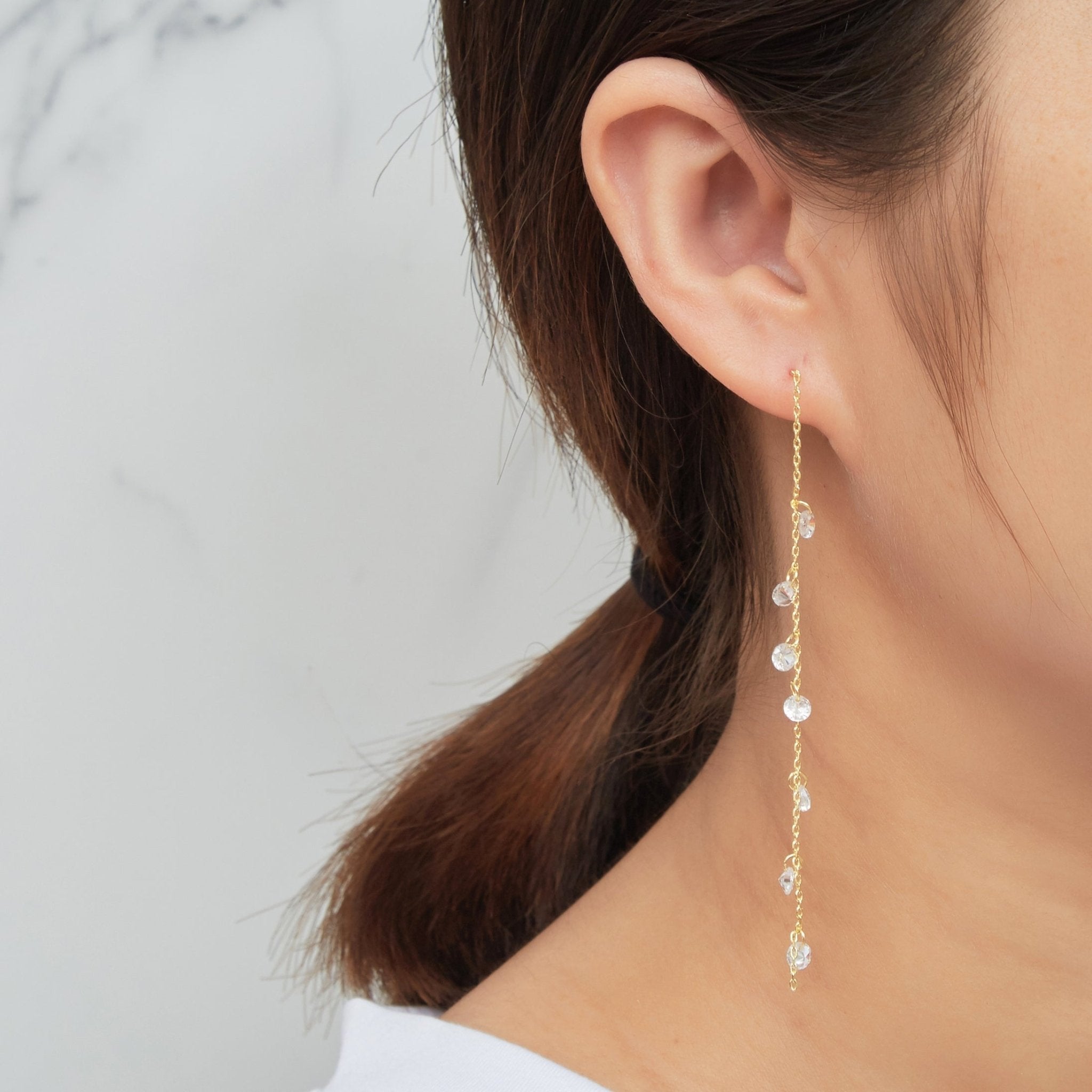 Gold Plated Dangle Thread Earrings Created with Zircondia® Crystals