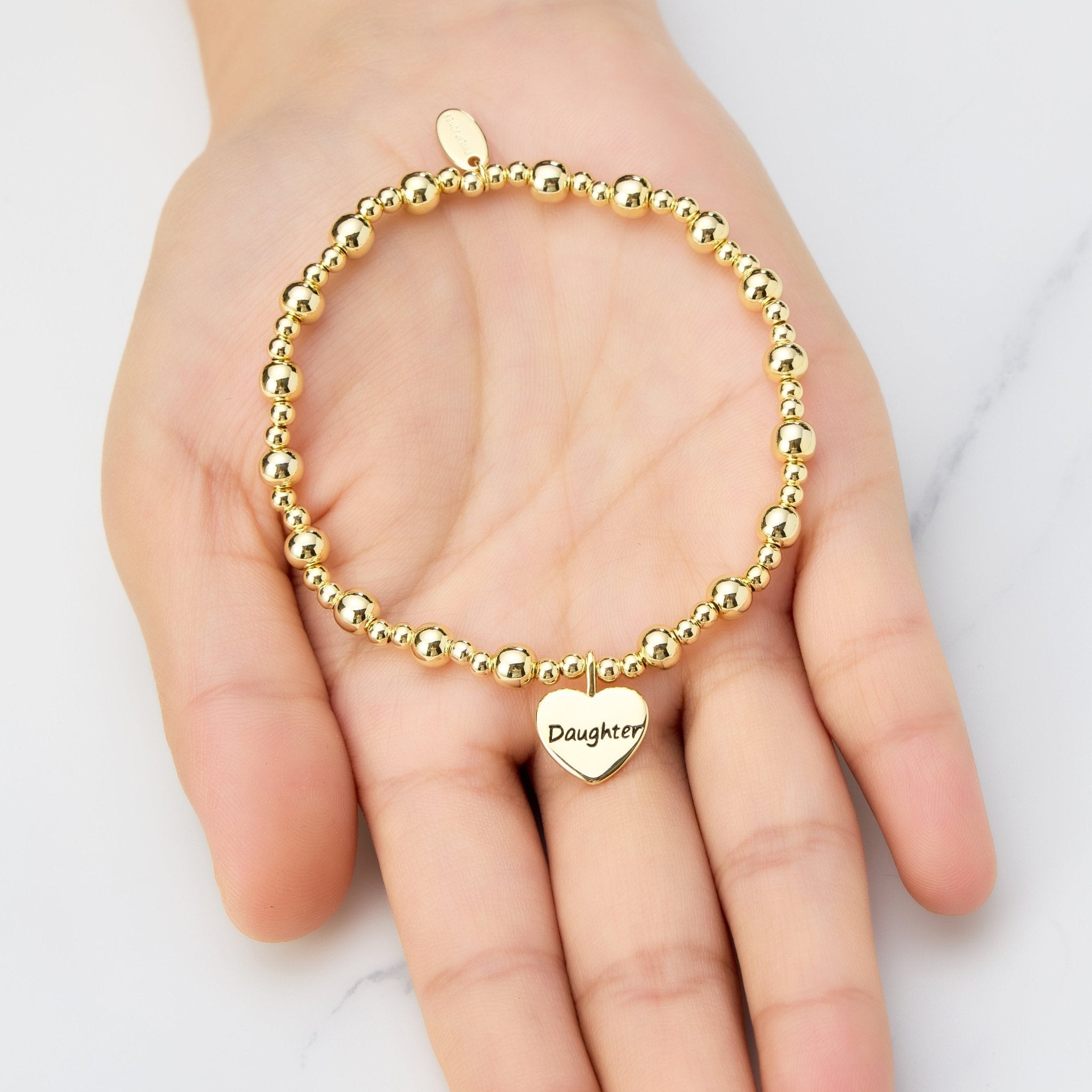 Gold Plated Daughter Heart Charm Beaded Stretch Bracelet