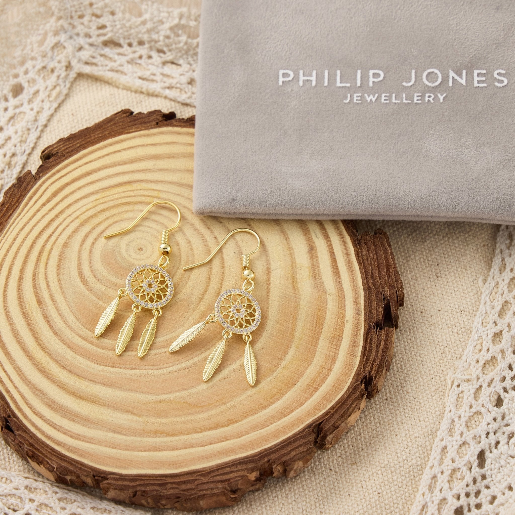 Gold Plated Dream Catcher Drop Earrings Created with Zircondia® Crystals