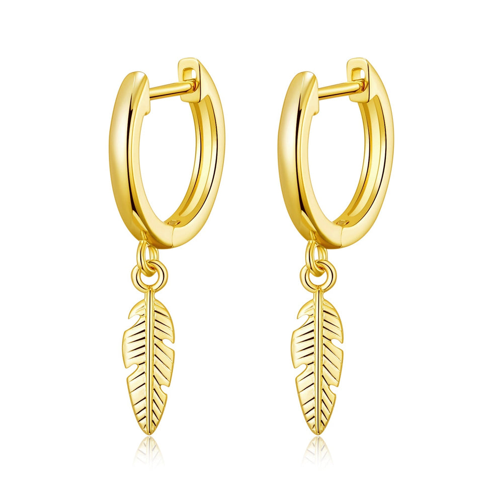 Gold Plated Feather Charm Hoop Earrings