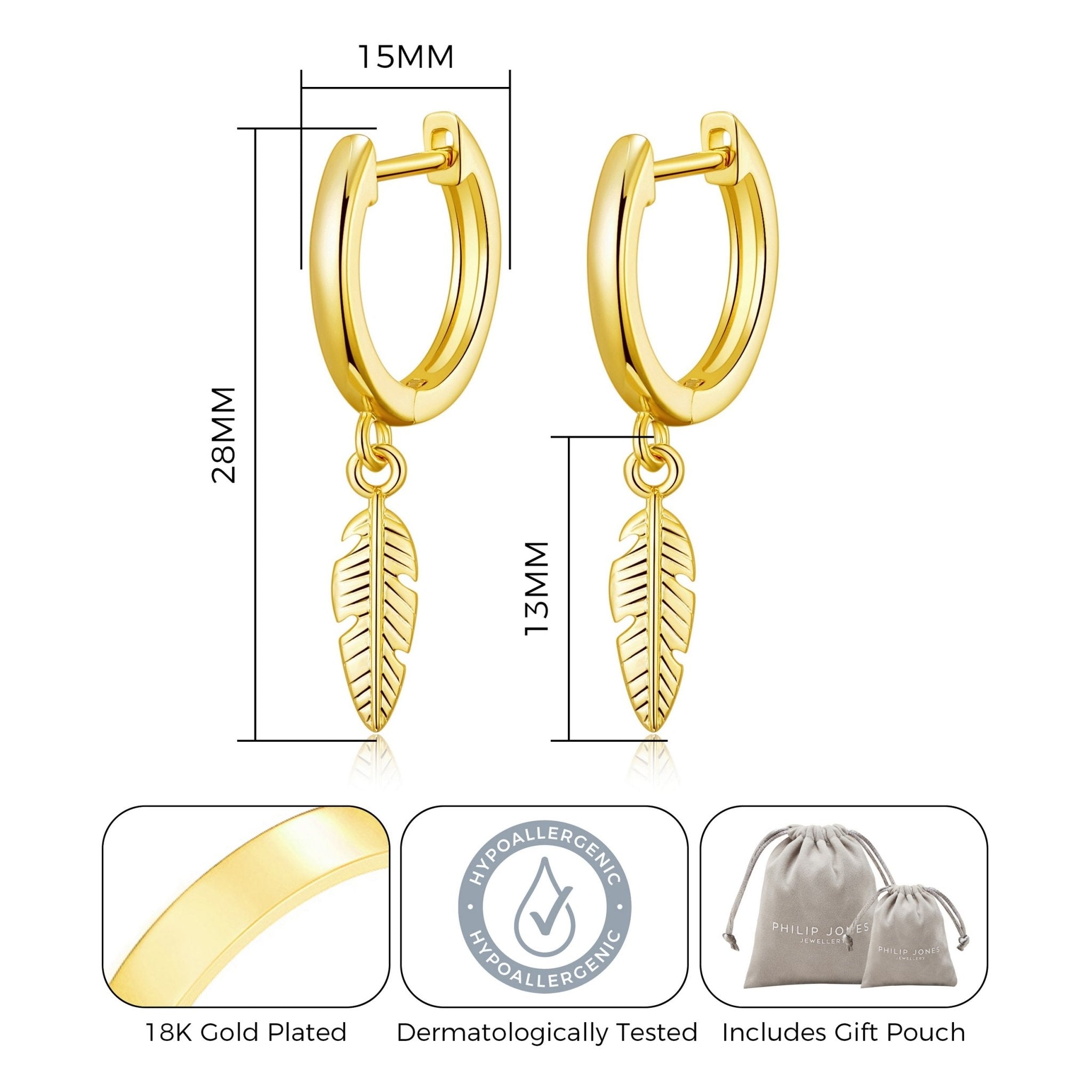 Gold Plated Feather Charm Hoop Earrings