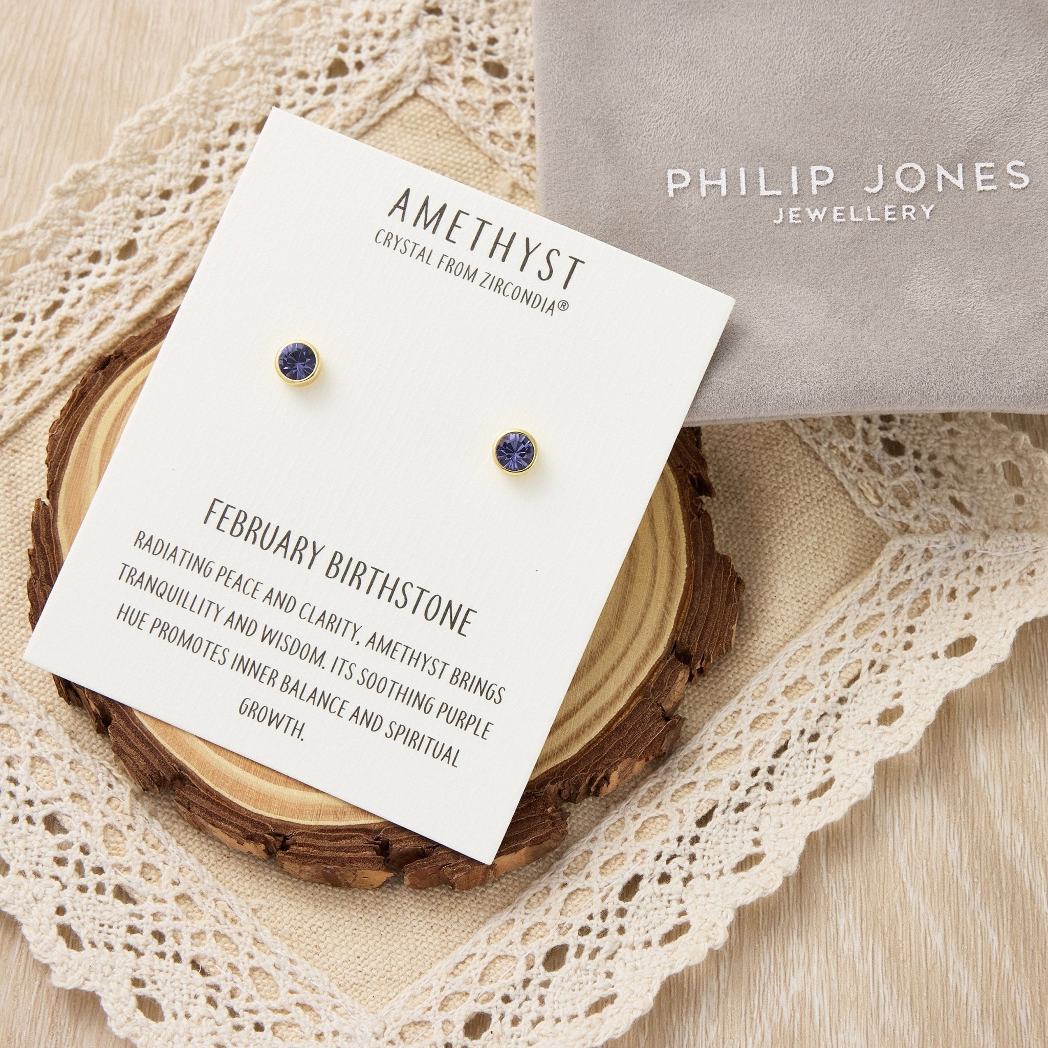 Gold Plated February (Amethyst) Birthstone Earrings Created with Zircondia® Crystals