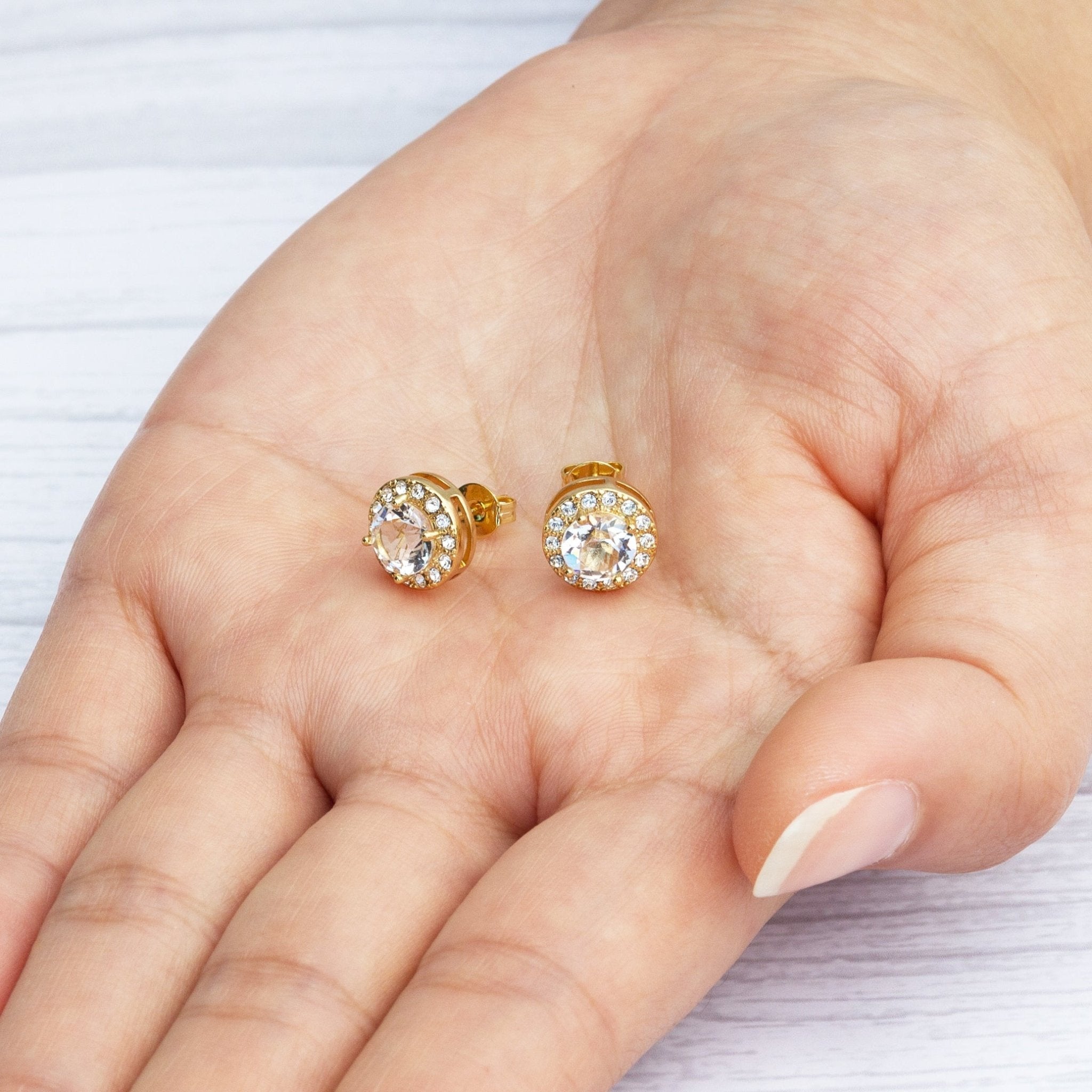 Gold Plated Halo Set Created with Zircondia® Crystals