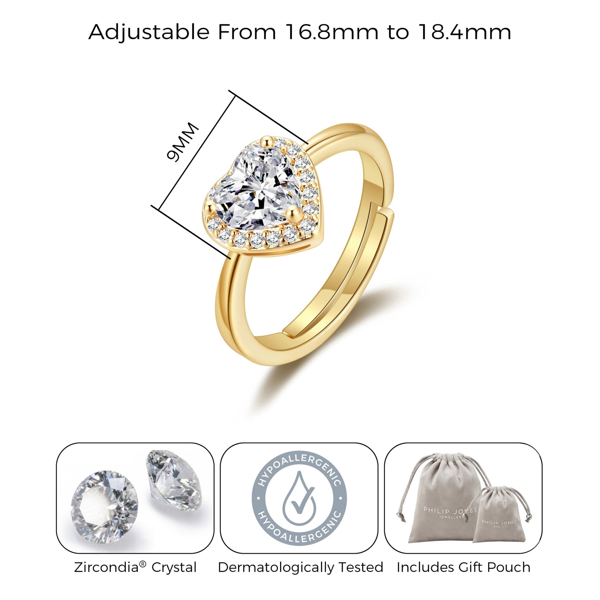 Gold Plated Heart Halo Ring Created with Zircondia® Crystals