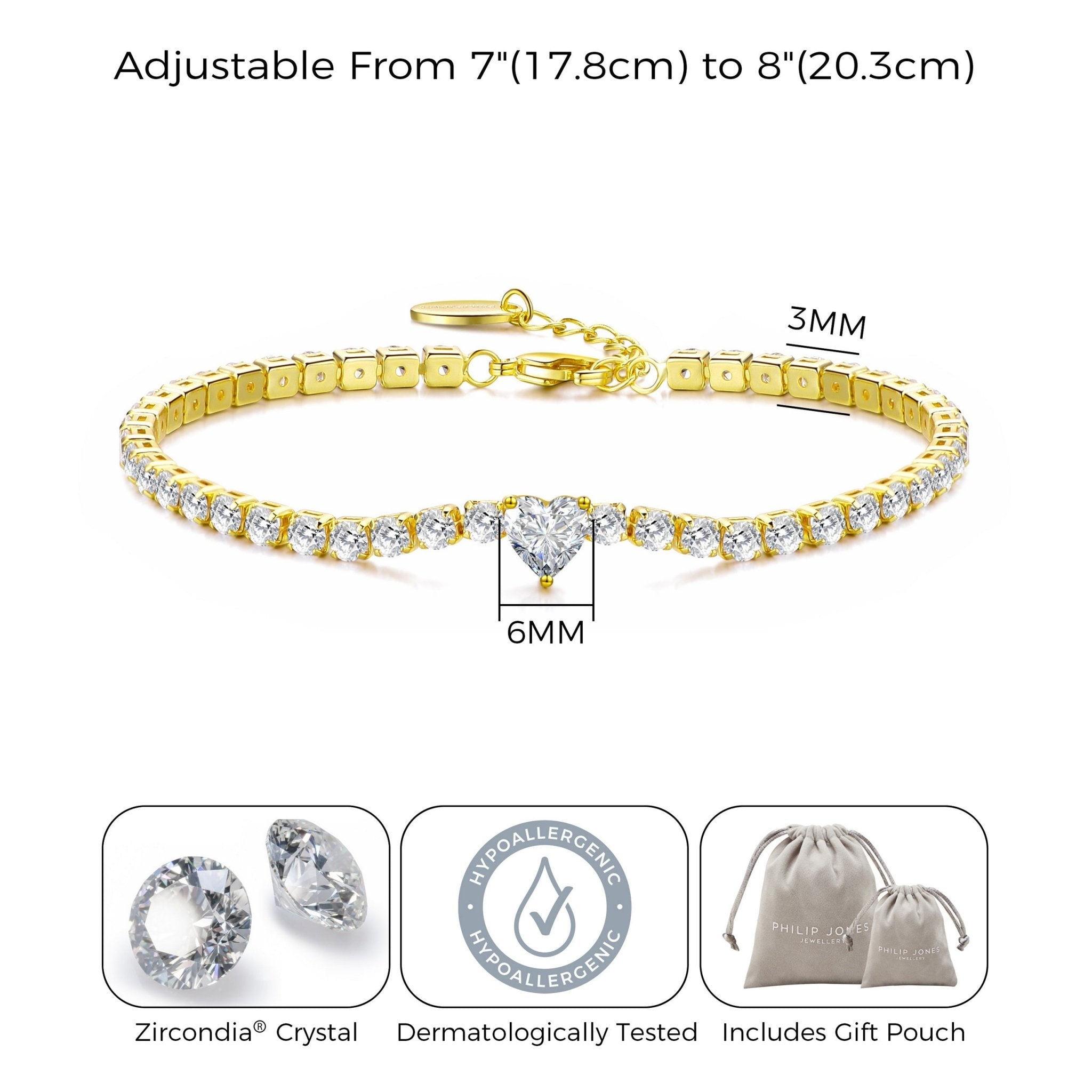 Gold Plated Heart Solitaire Tennis Bracelet Created with Zircondia® Crystals