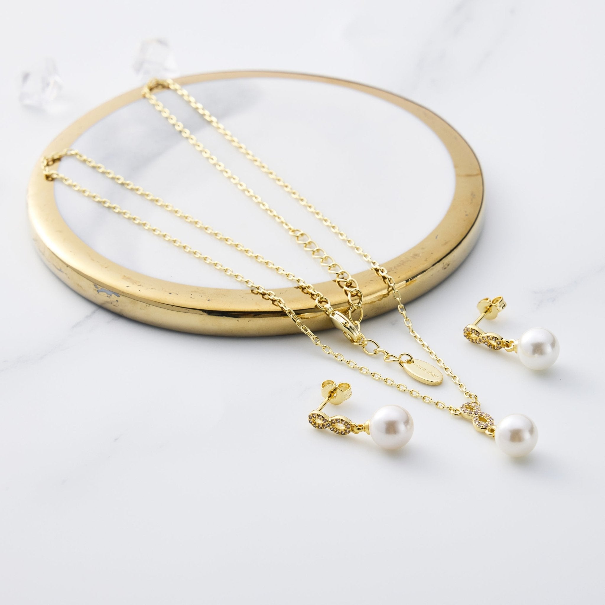 Gold Plated Infinity Pearl Drop Set Created with Zircondia® Crystals