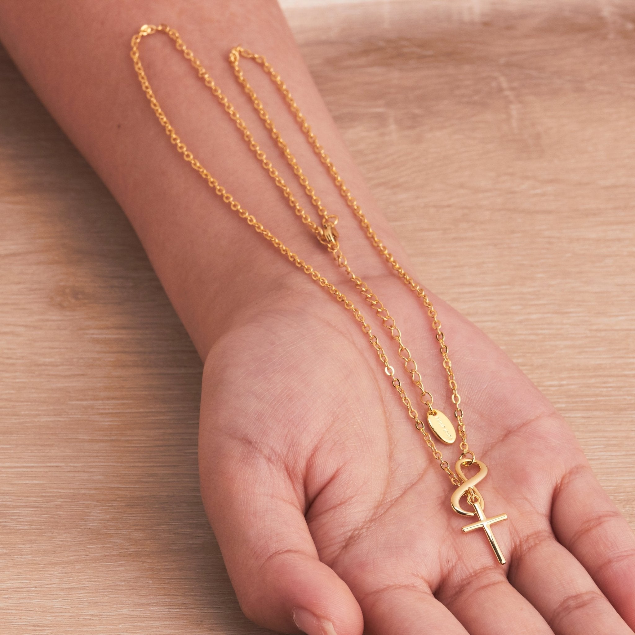 Gold Plated Infinity with Cross Lariat Necklace