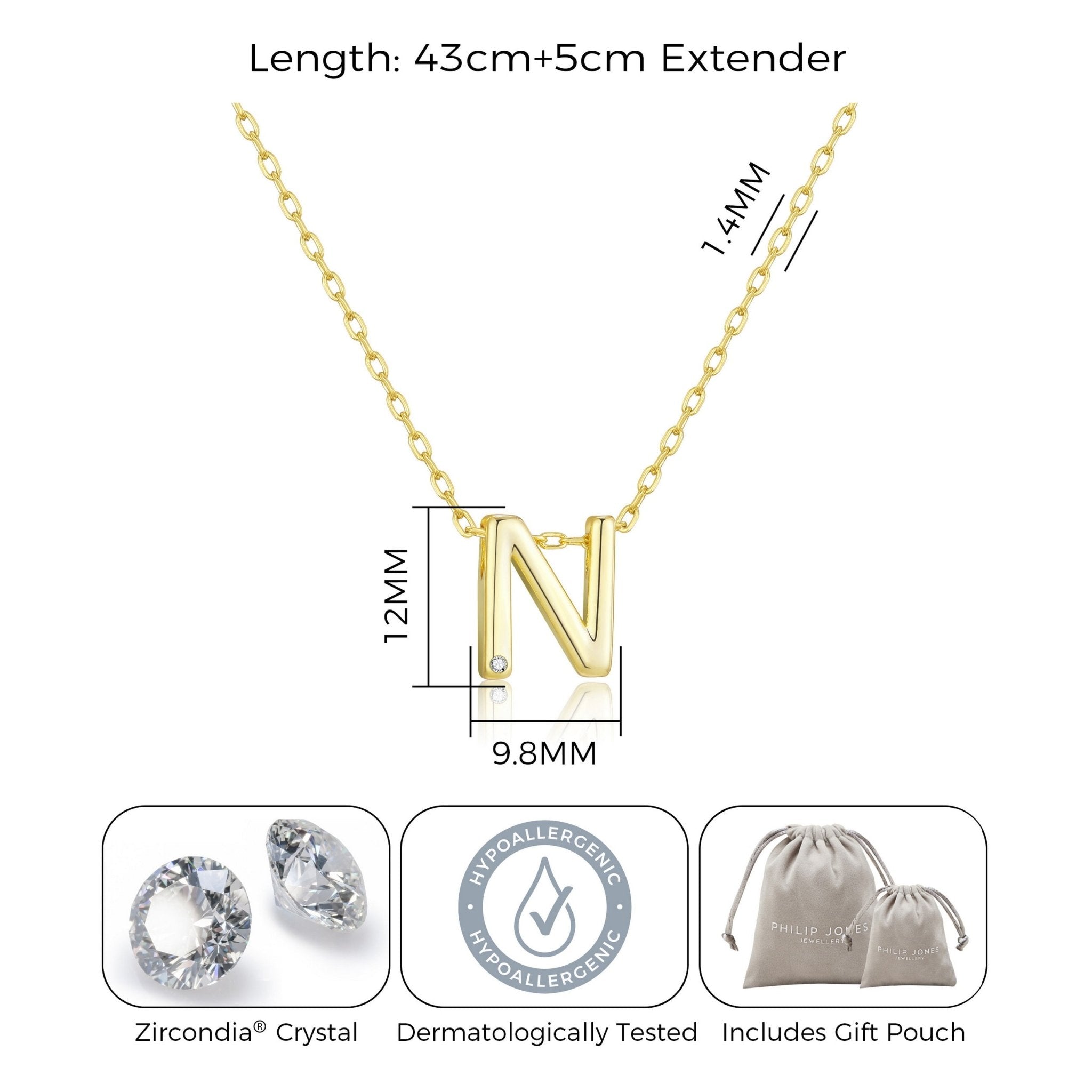 Gold Plated Initial Necklace Letter N Created with Zircondia® Crystals