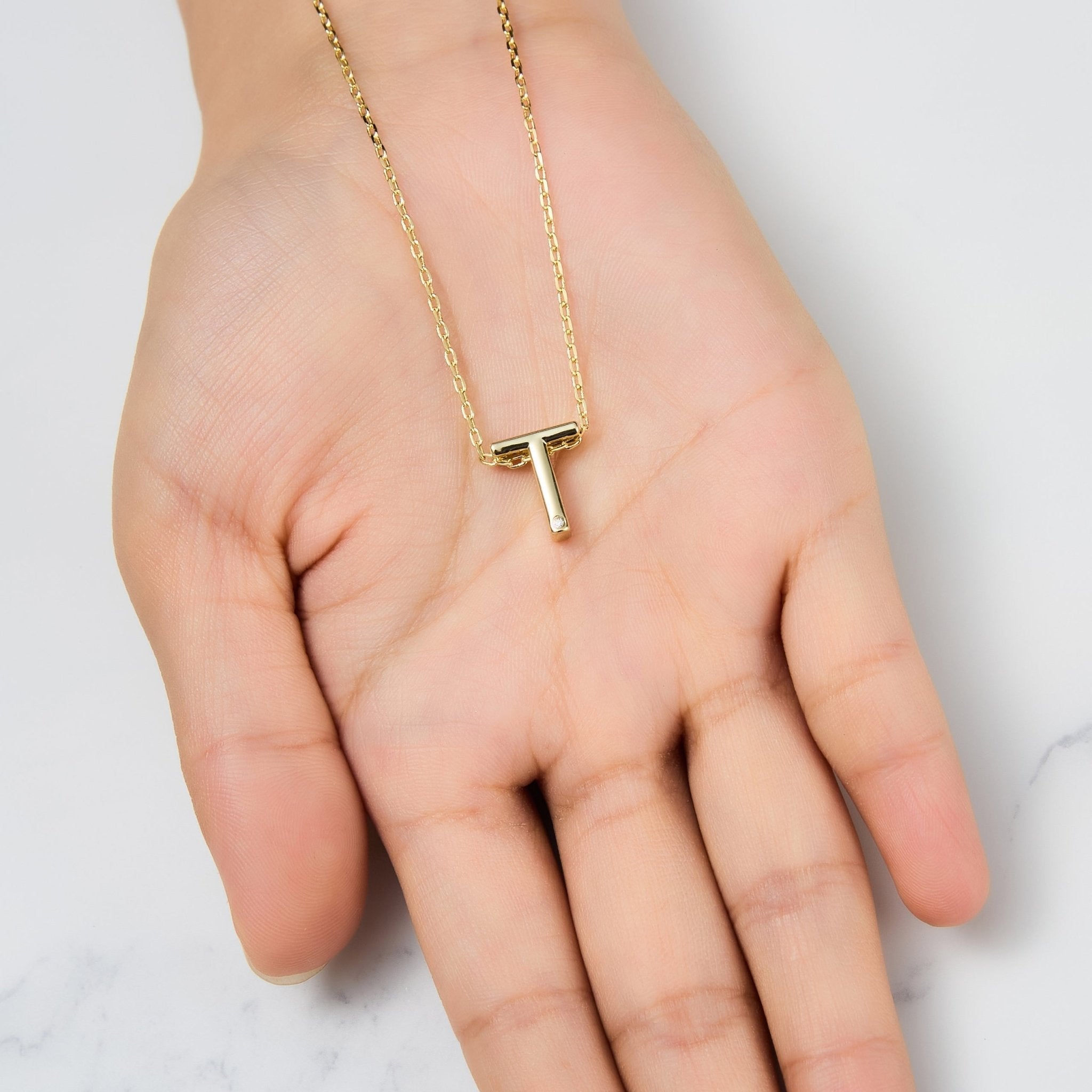 Gold Plated Initial Necklace Letter T Created with Zircondia® Crystals