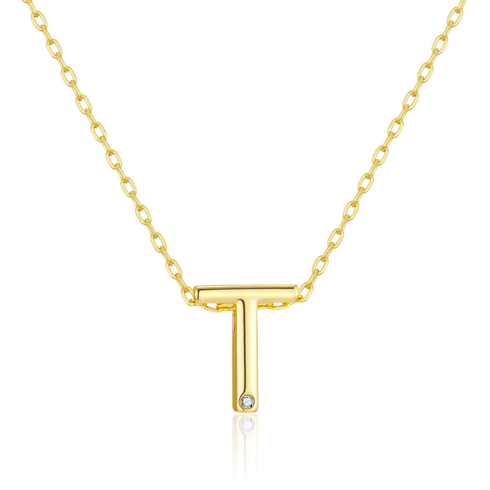 Gold Plated Initial Necklace Letter T Created with Zircondia® Crystals