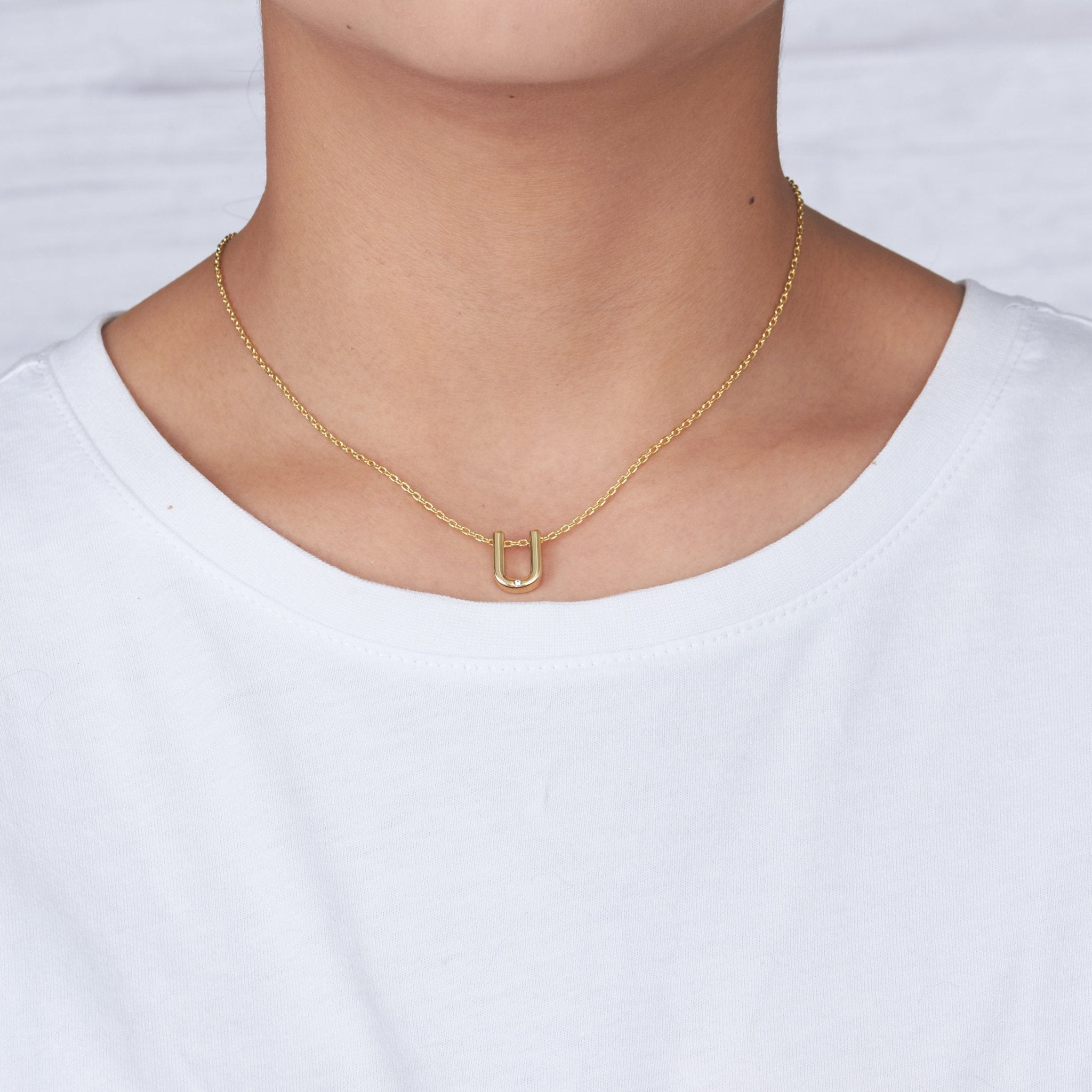Gold Plated Initial Necklace Letter U Created with Zircondia® Crystals