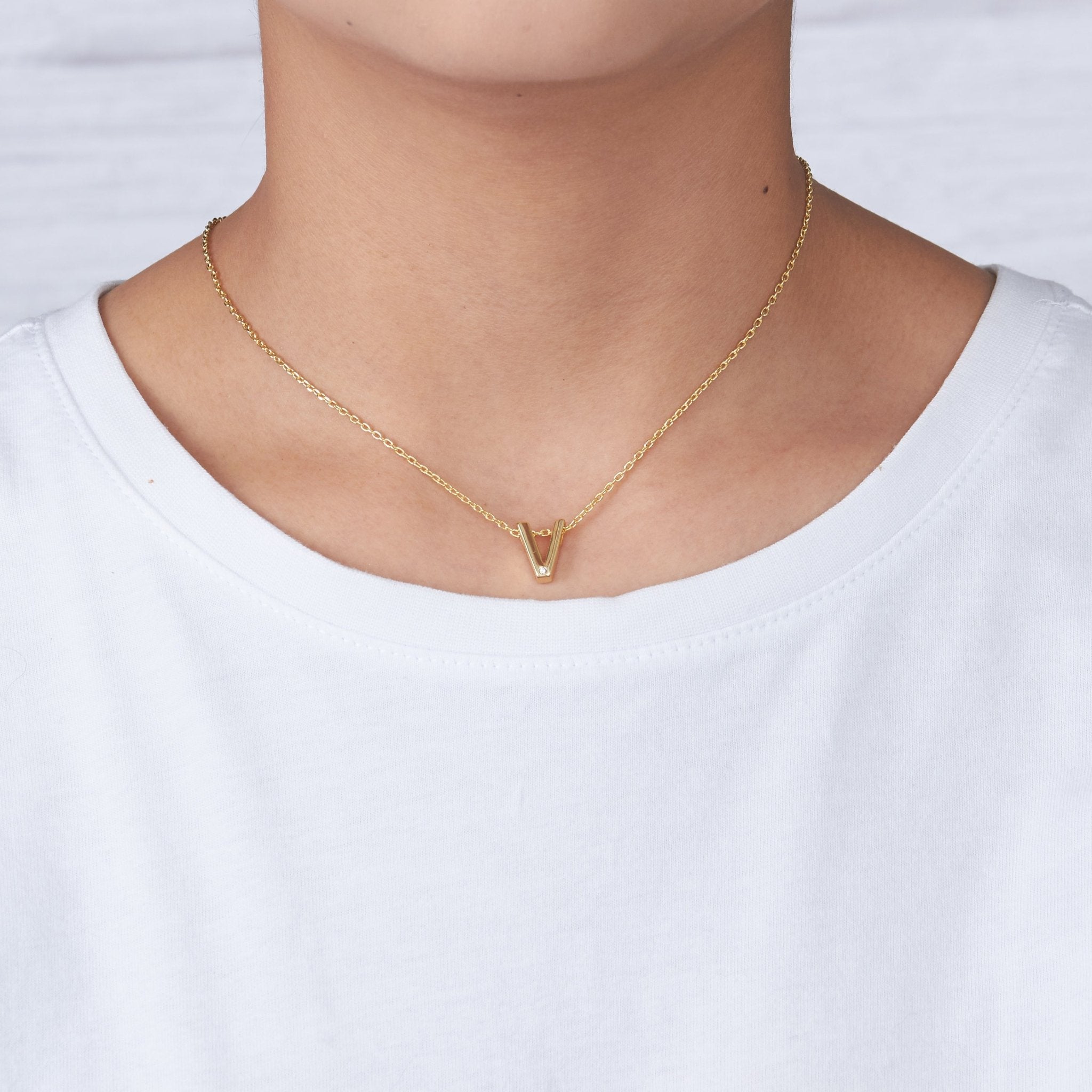 Gold Plated Initial Necklace Letter V Created with Zircondia® Crystals