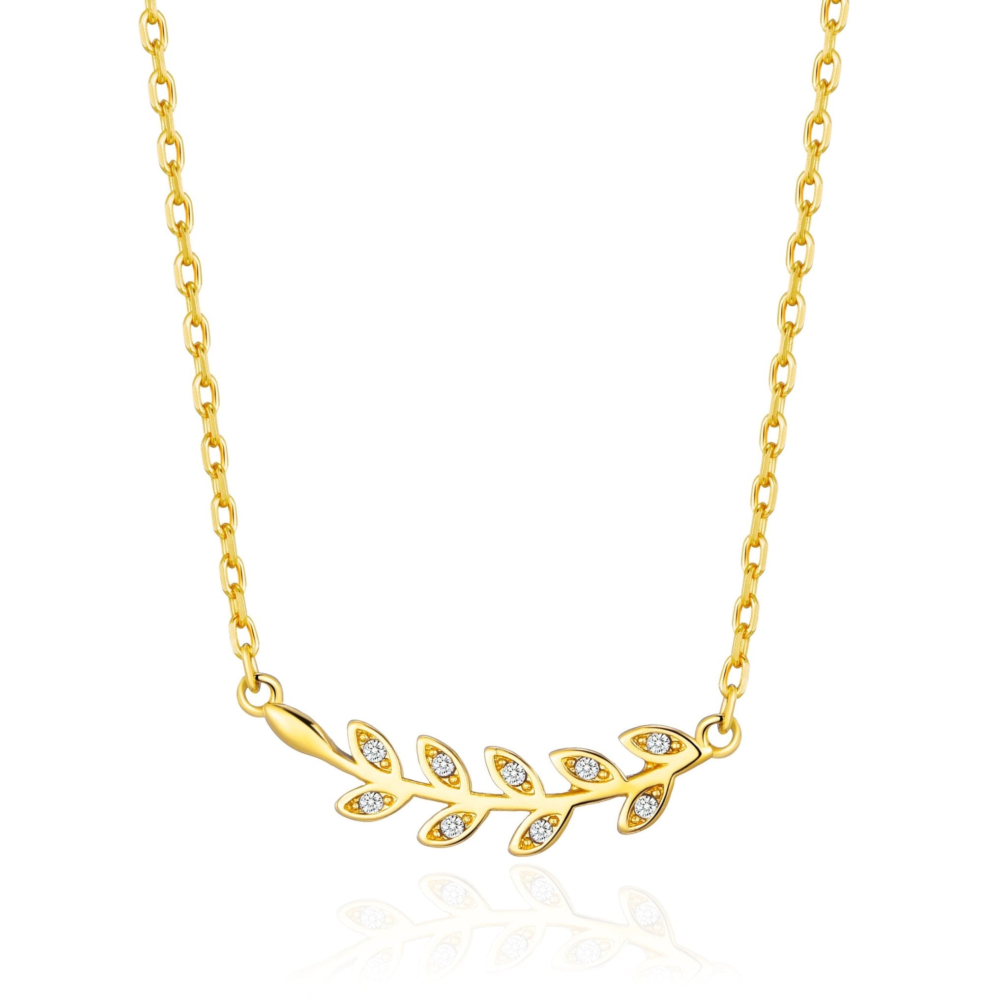 Gold Plated Leaf Necklace Created with Zircondia® Crystals