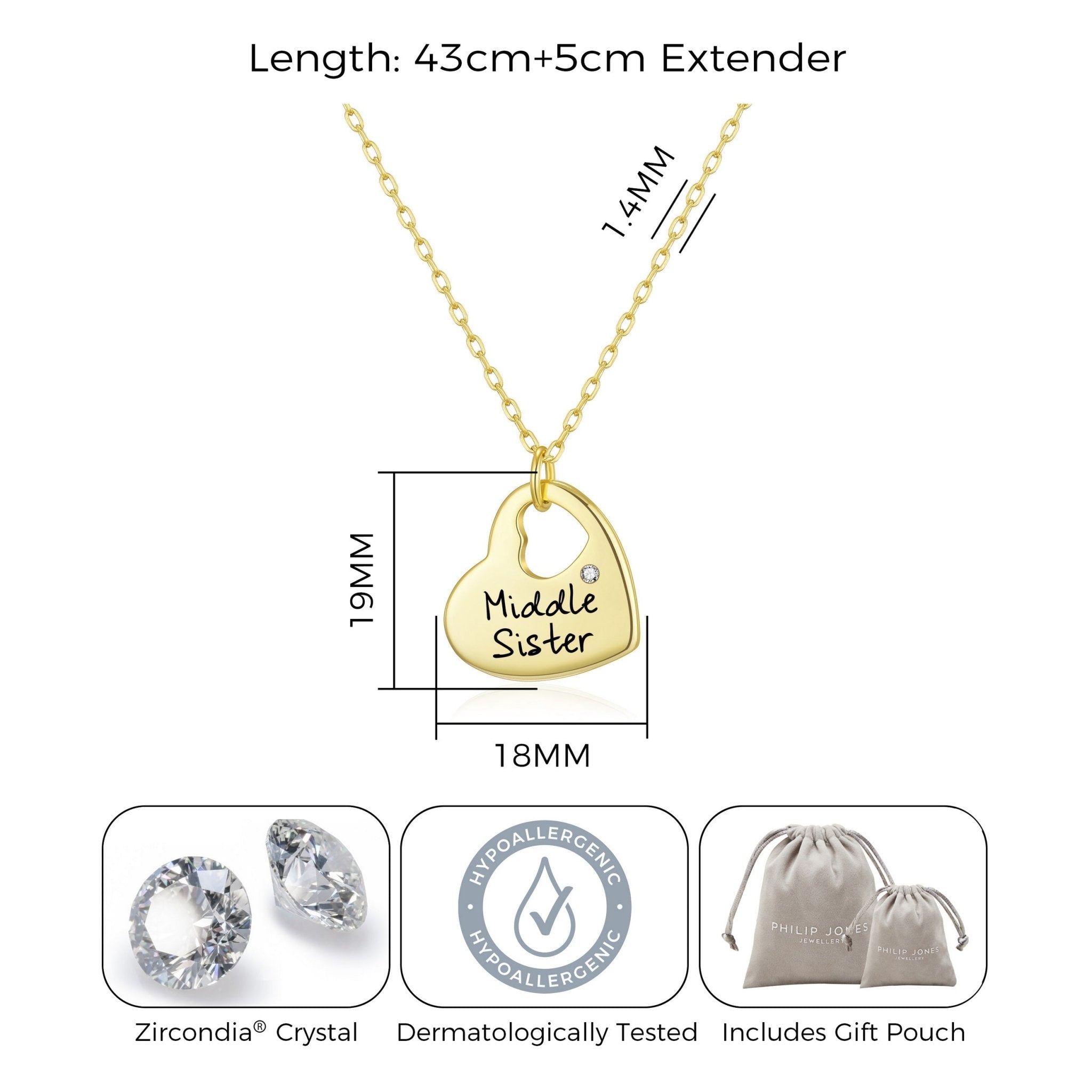 Gold Plated Middle Sister Heart Necklace Created with Zircondia® Crystals