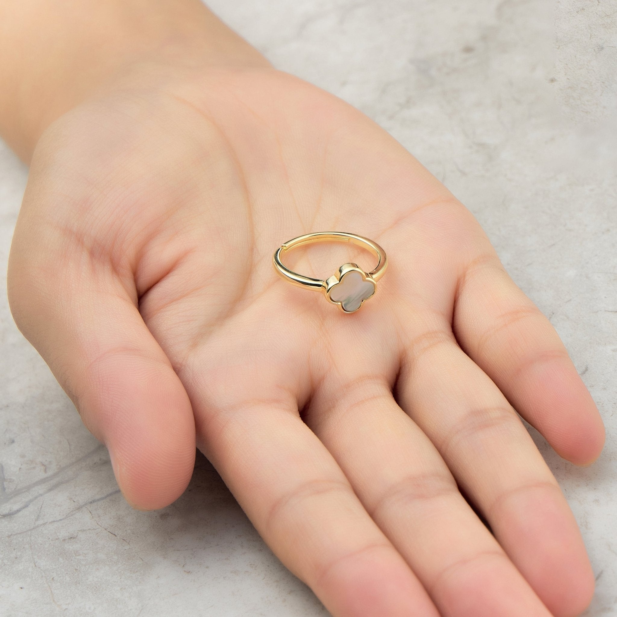 Gold Plated Mother of Pearl Gemstone Adjustable Clover Ring