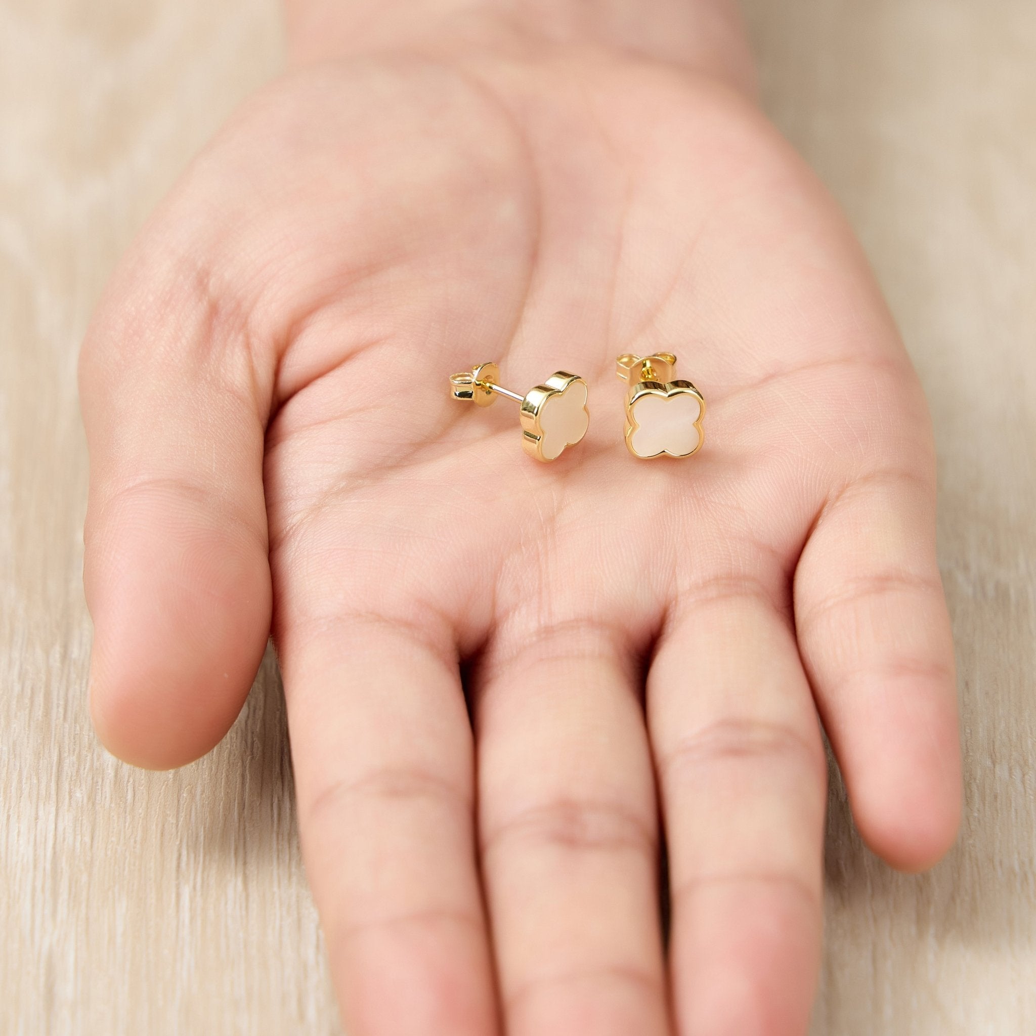 Gold Plated Mother of Pearl Gemstone Clover Earrings