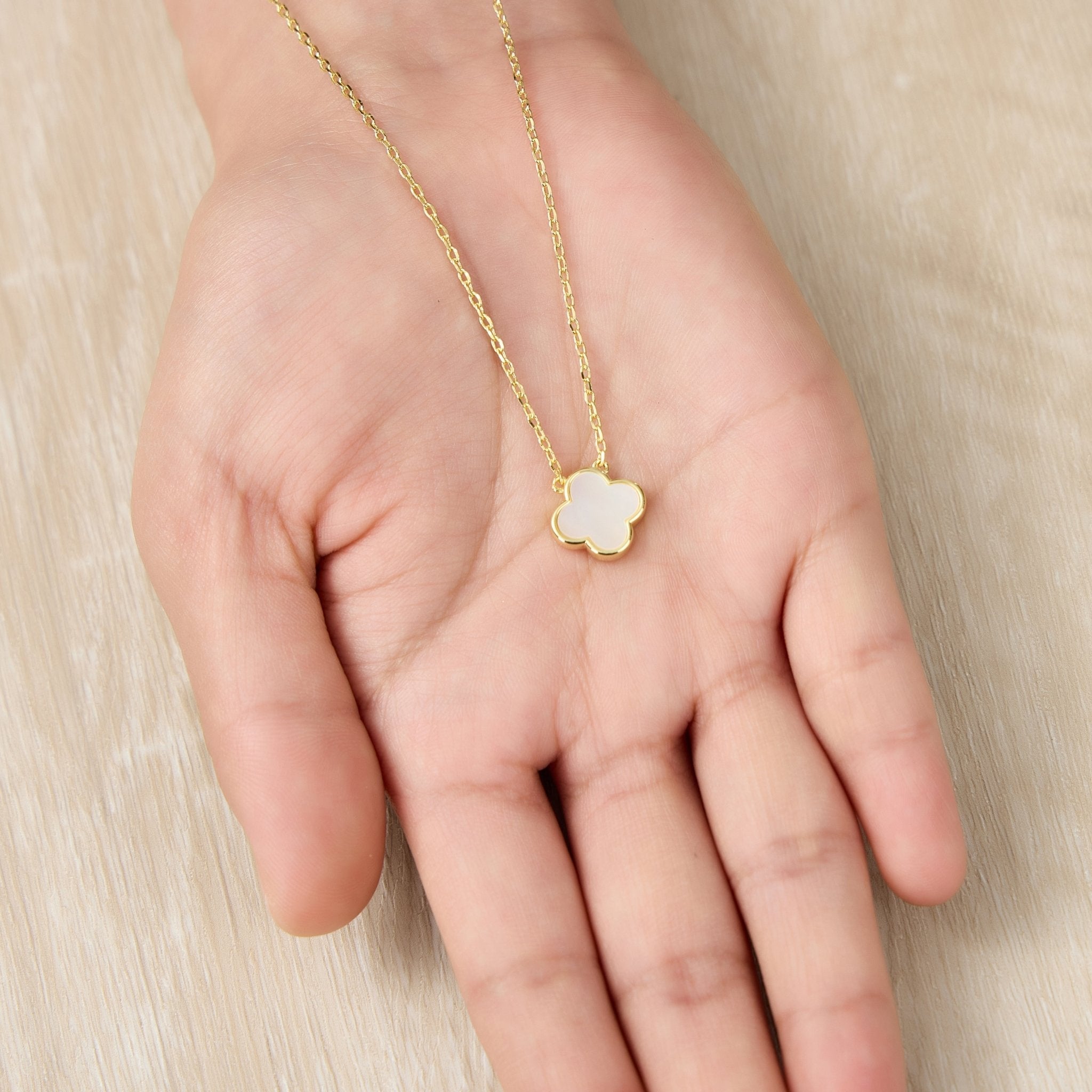 Gold Plated Mother of Pearl Gemstone Clover Necklace