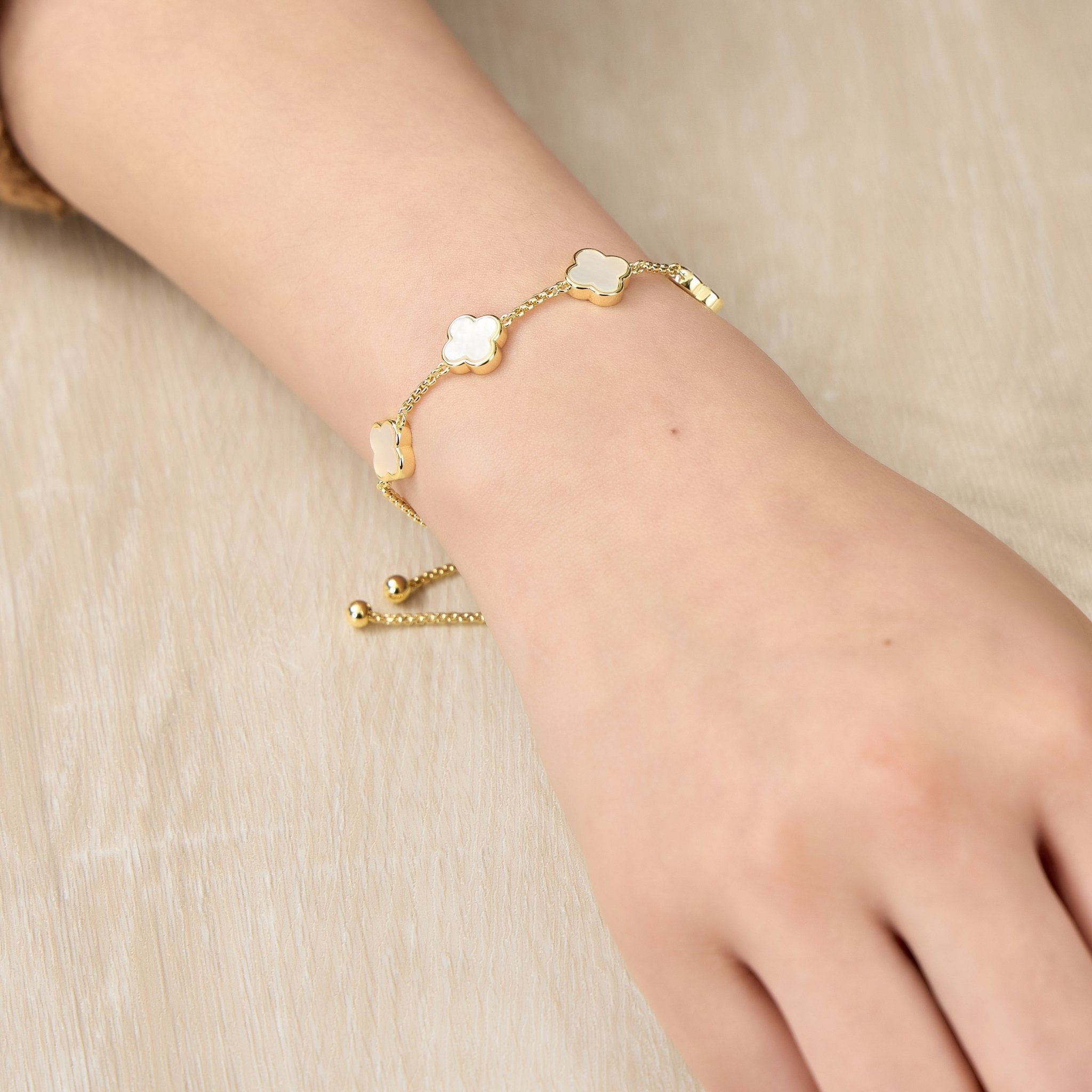 Gold Plated Mother Of Pearl Multi Clover Friendship Bracelet