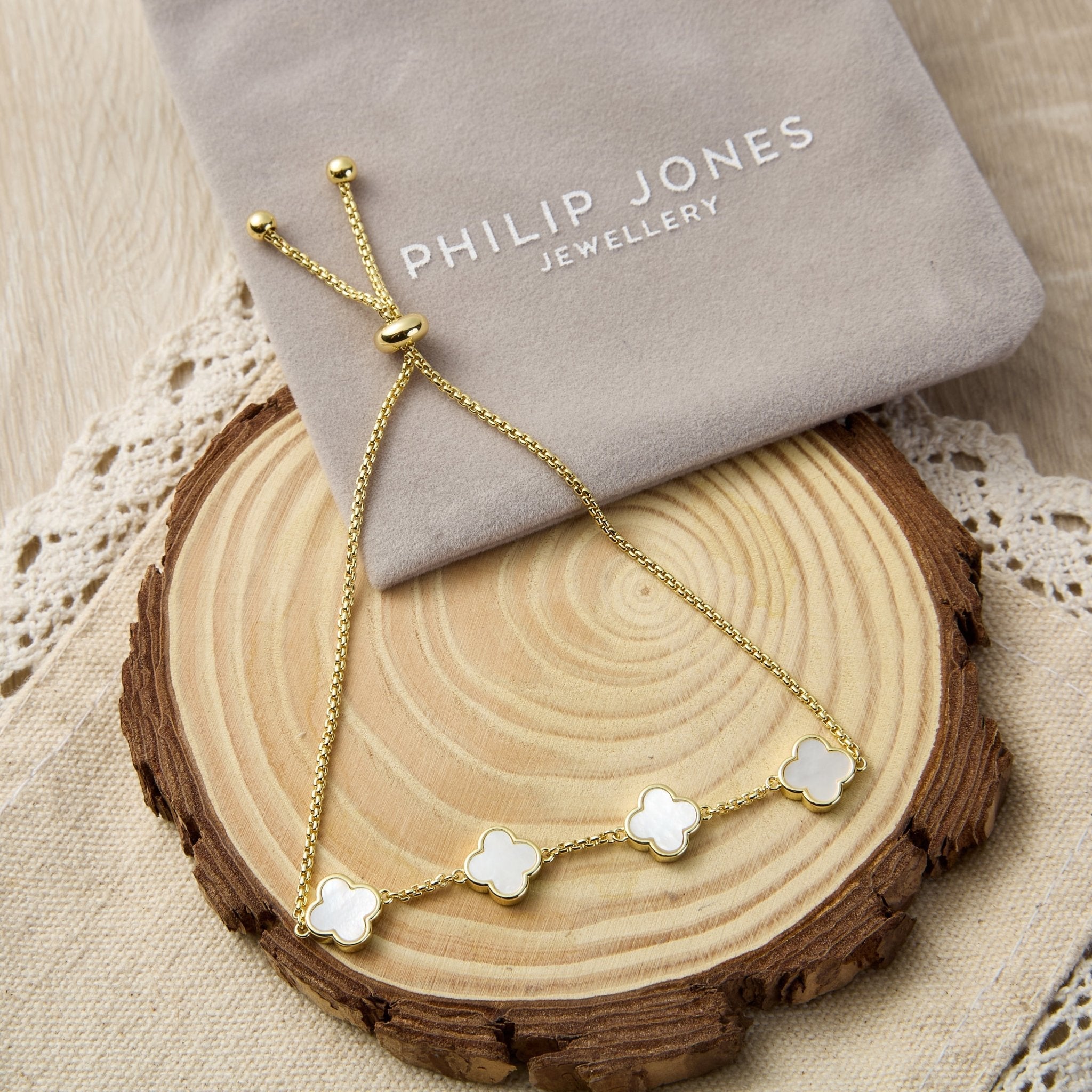 Gold Plated Mother Of Pearl Multi Clover Friendship Bracelet