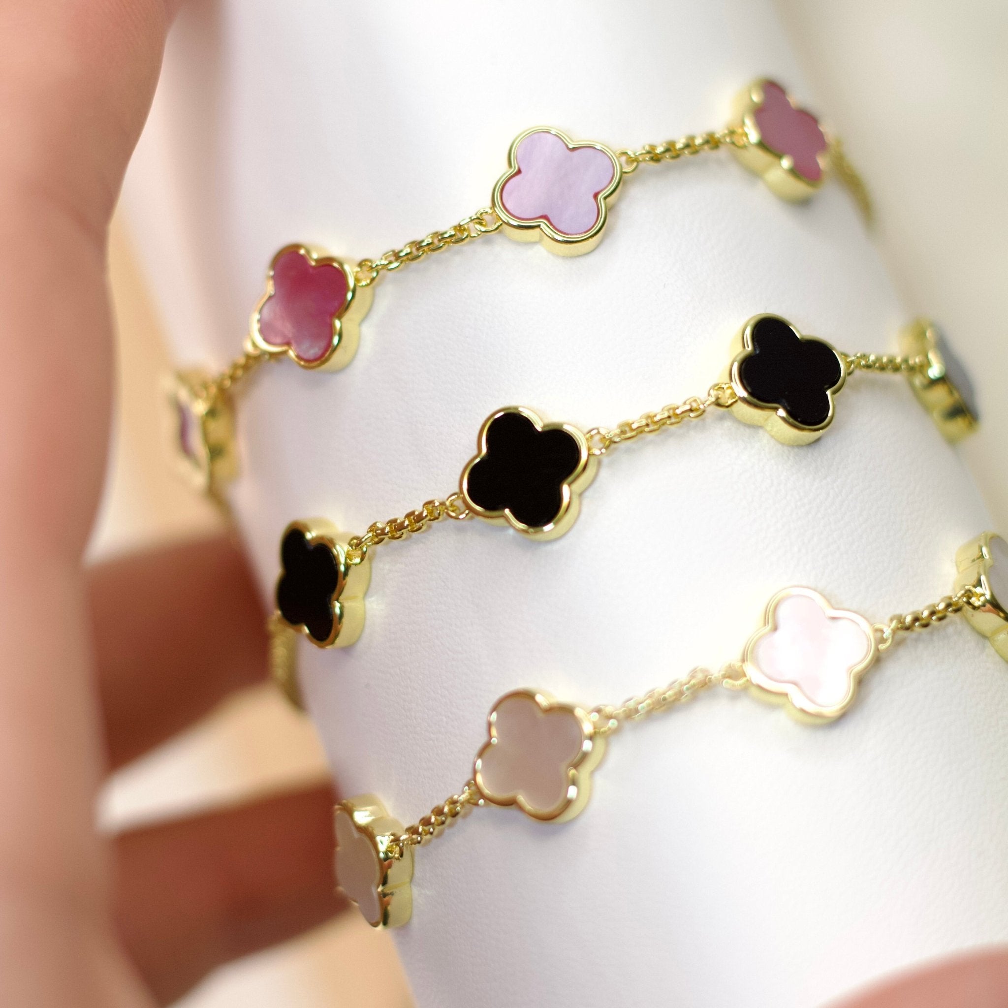 Gold Plated Mother Of Pearl Multi Clover Friendship Bracelet