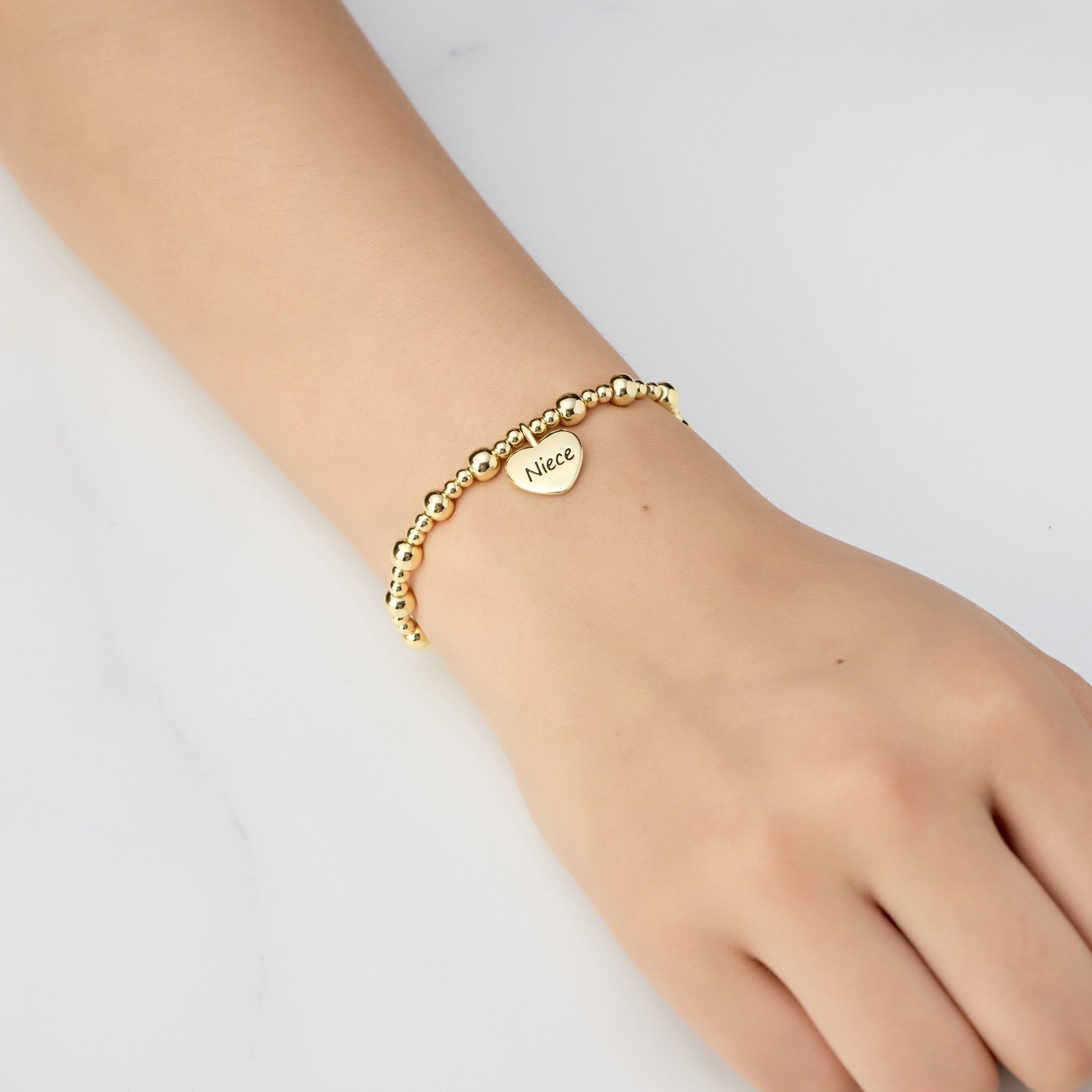 Gold Plated Niece Heart Charm Beaded Stretch Bracelet