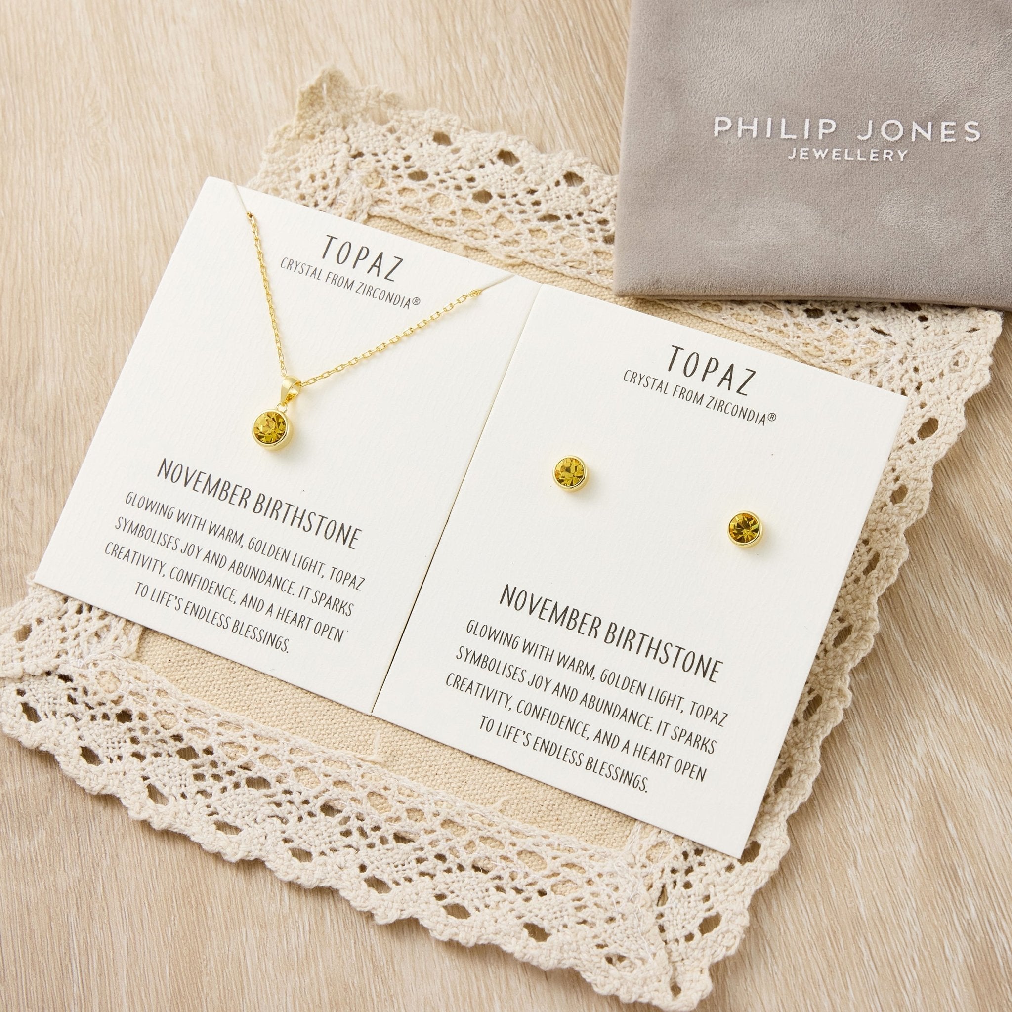 Gold Plated November (Topaz) Birthstone Necklace & Earrings Set Created with Zircondia® Crystals